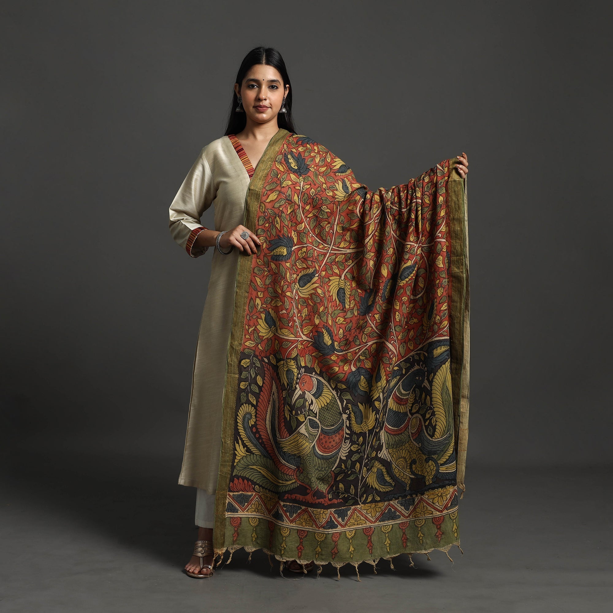SOUTH KARGHA Brown - Mangalagiri Cotton Handpainted Pen Work Kalamkari Dupatta 06 - view 2
