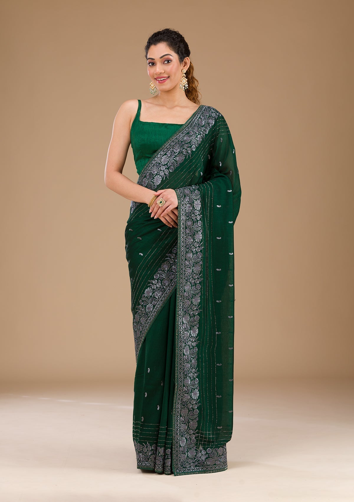 Koskii Bottle Green Threadwork Georgette Saree - view 3