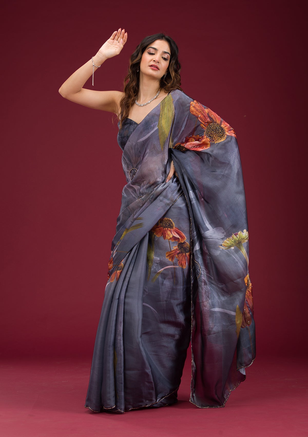 Koskii Navy Blue Printed Tissue Saree – Women's