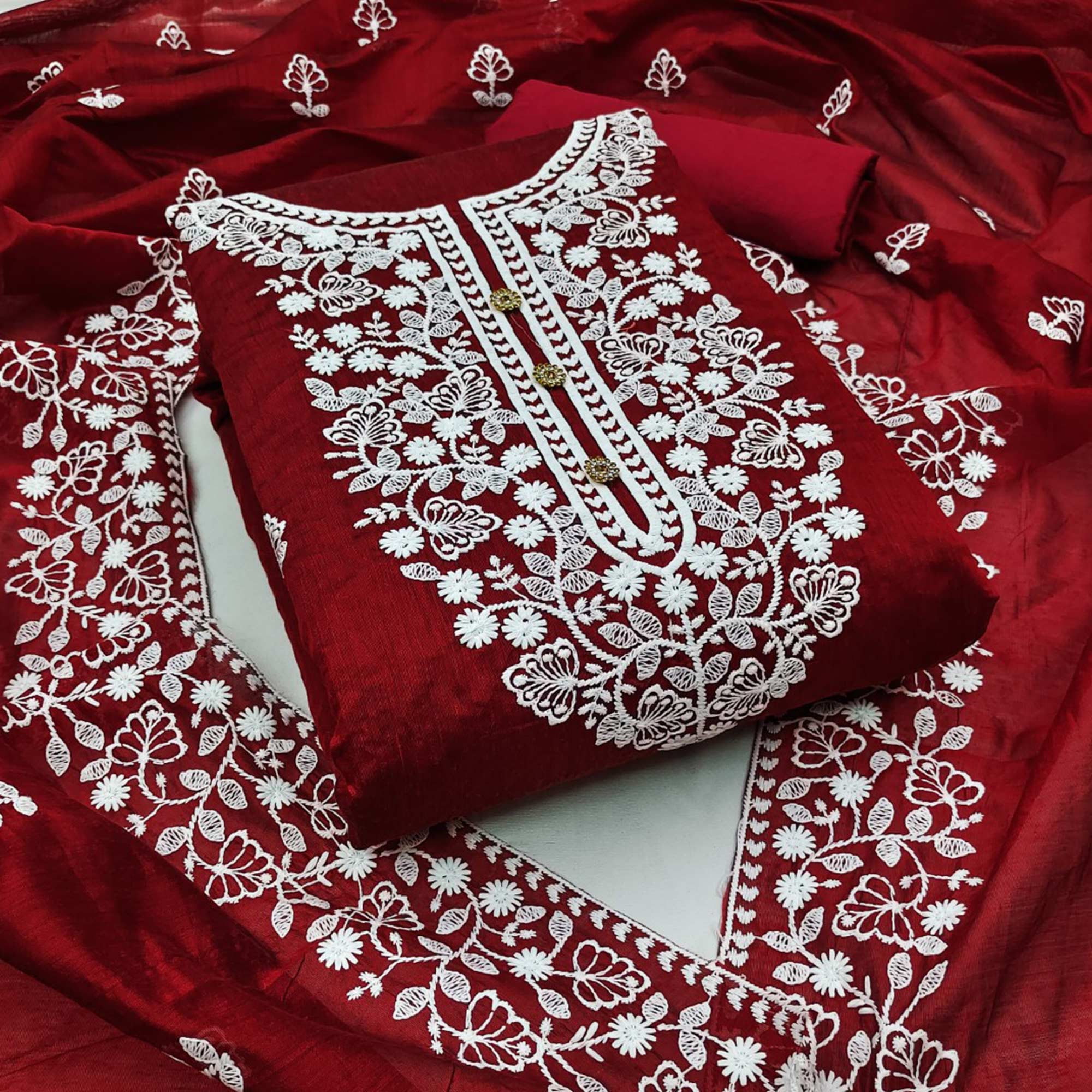 Peachmode Maroon Floral Embroidered Chanderi Cotton Dress Material