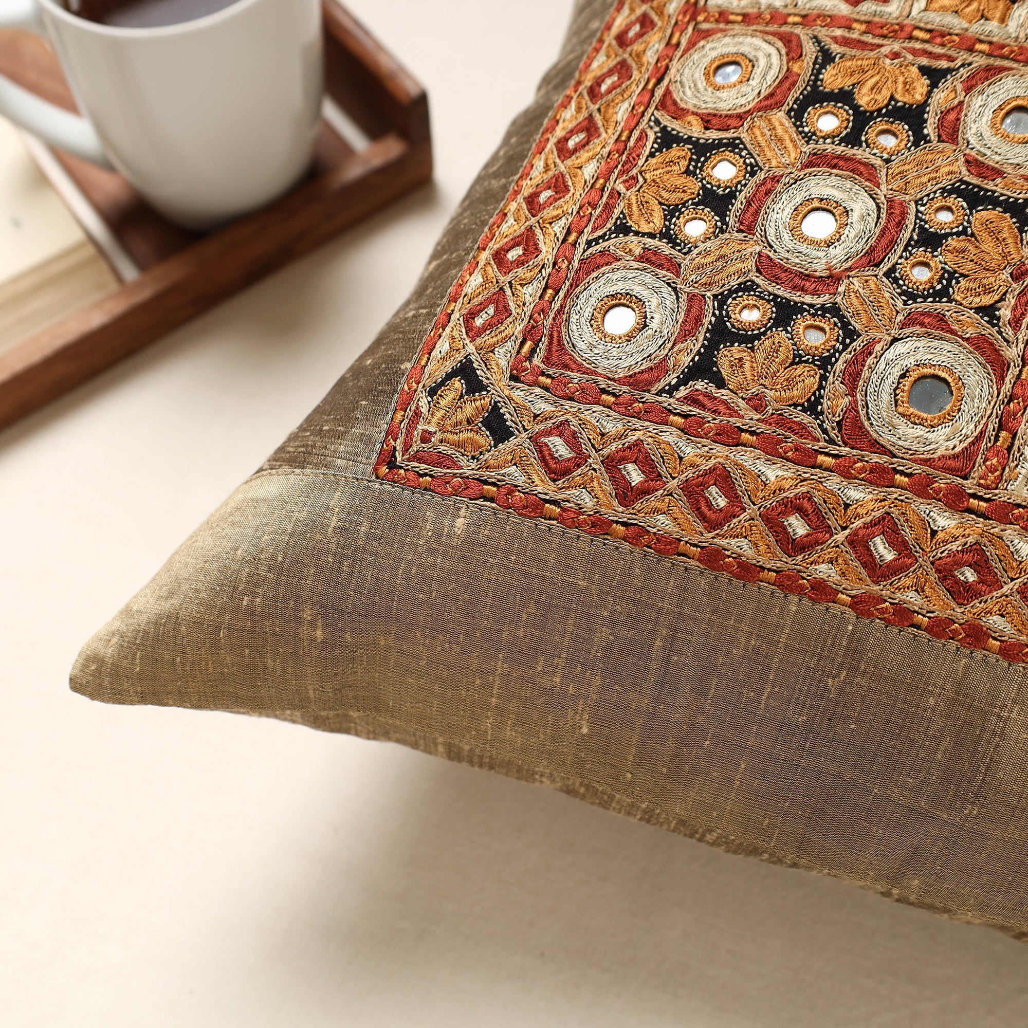 QASAB Brown - Kutch Pakko Hand Embroidery Silk Cushion Cover (16 x 16 in) - view 2