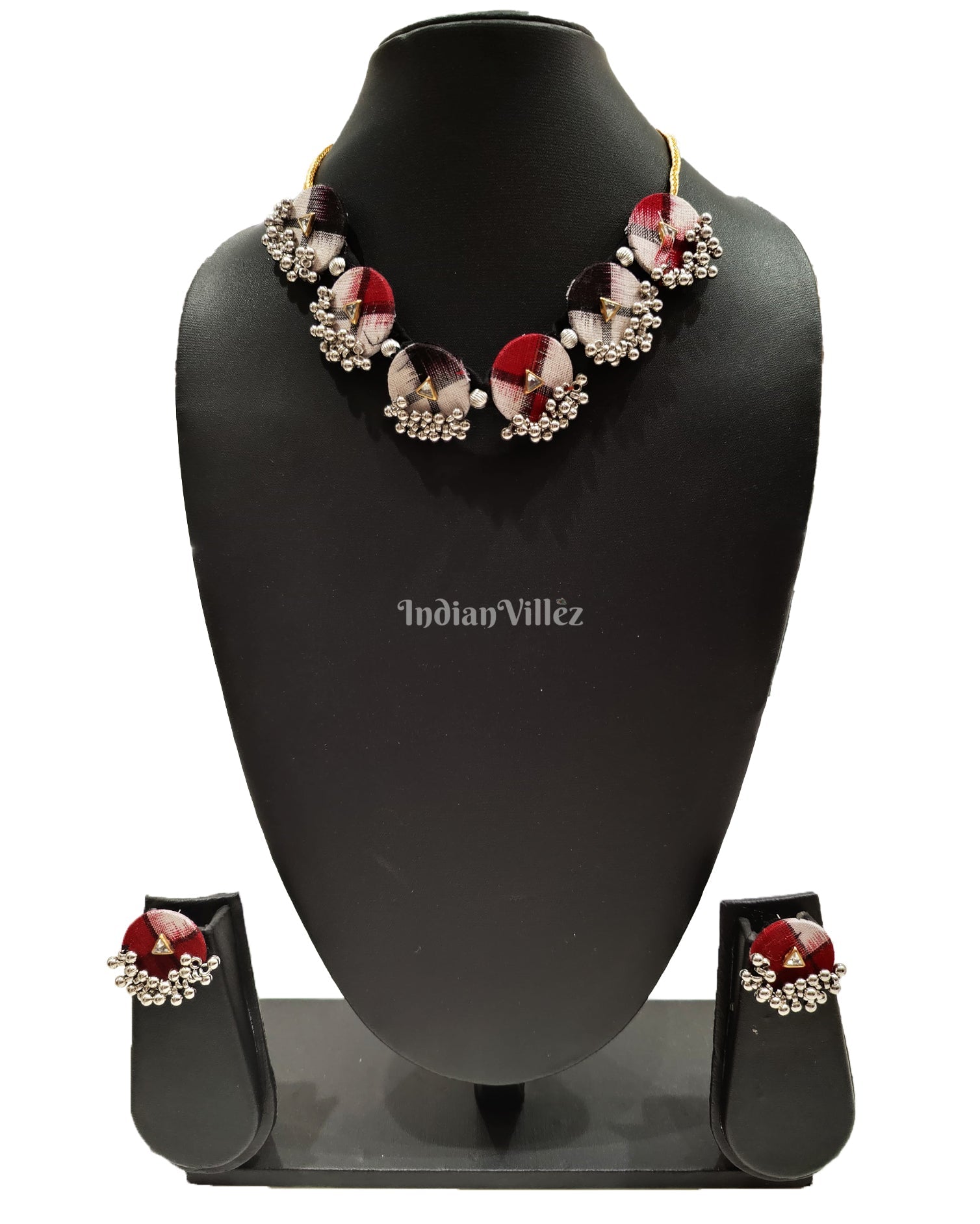 Necklace earrings set – IndianVillèz Red Black Coin Shape Silver Beads Sambalpuri Fabric Choker Jewellery - Necklace & Earrings Set