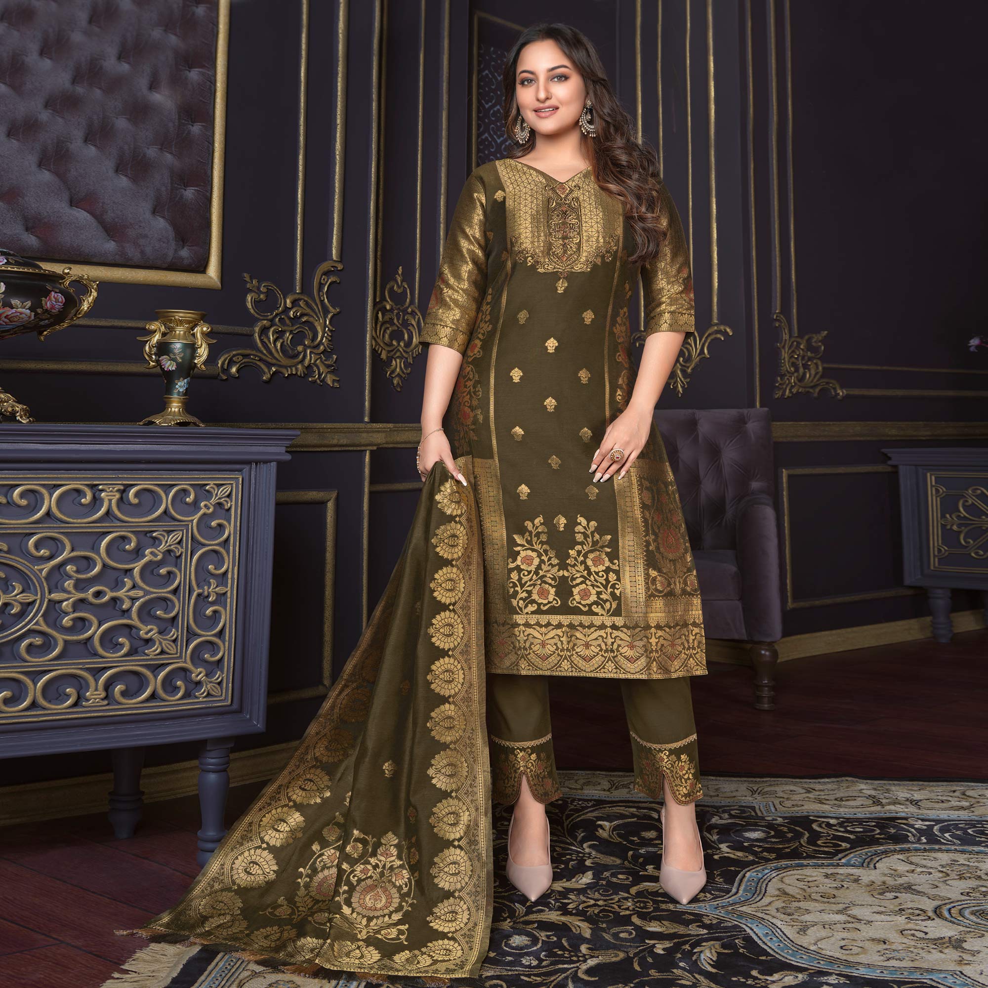 Peachmode Dark Olive Green Woven Banarasi Silk Salwar Suit - view 2