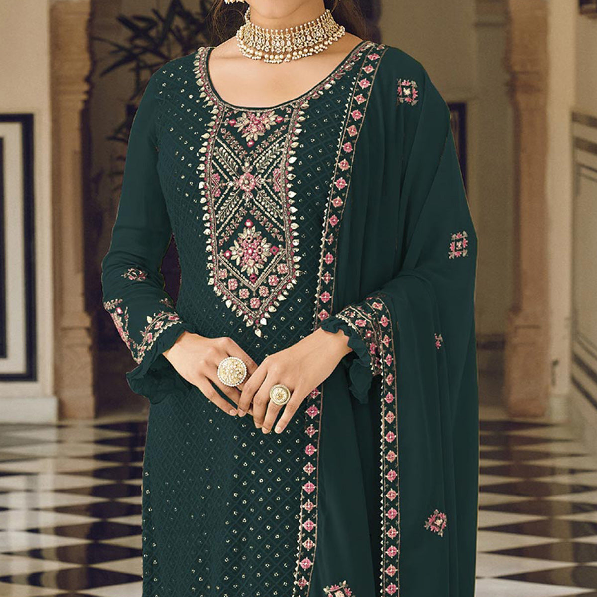 Peachmode Dark Green Sequins Embroidered Georgette Semi Stitched Salwar Suit - view 3