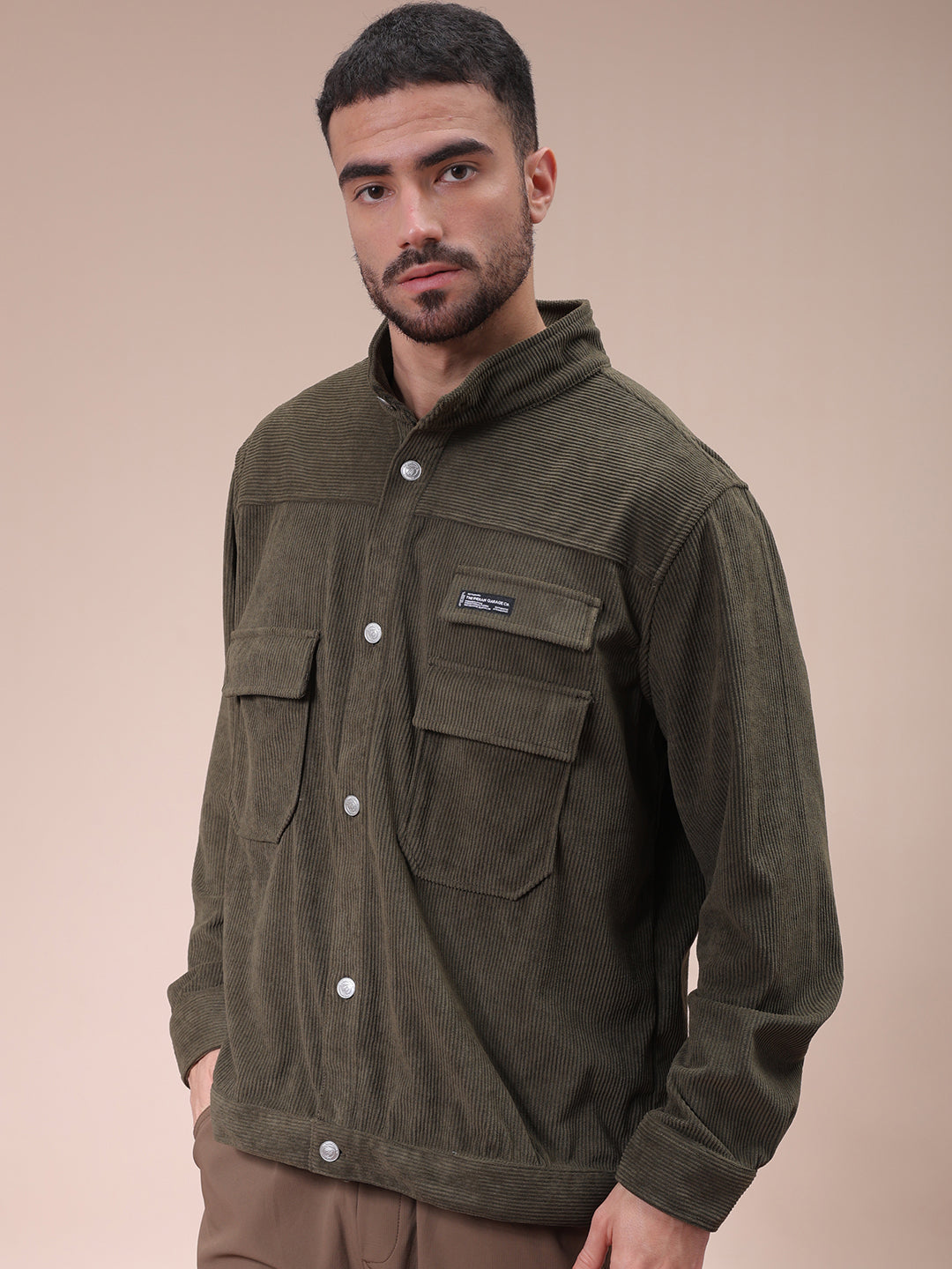 The Indian Garage Co Men's Olive Relaxed Fit Knitted Corduroy Utility Jacket - view 3