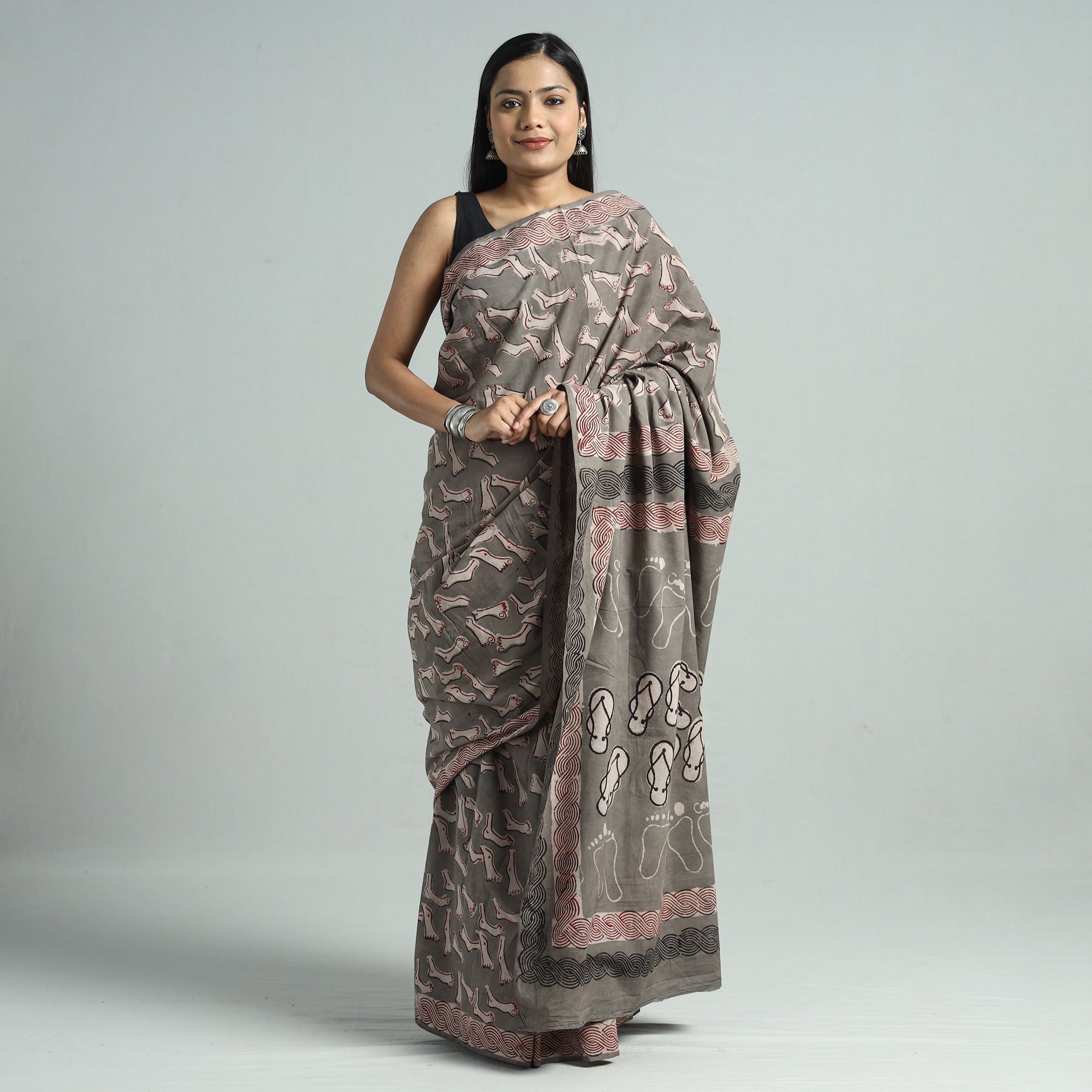 BINDAAS UNLIMITED Brown - Bindaas Art Block Printed Natural Dyed Cotton Saree 33