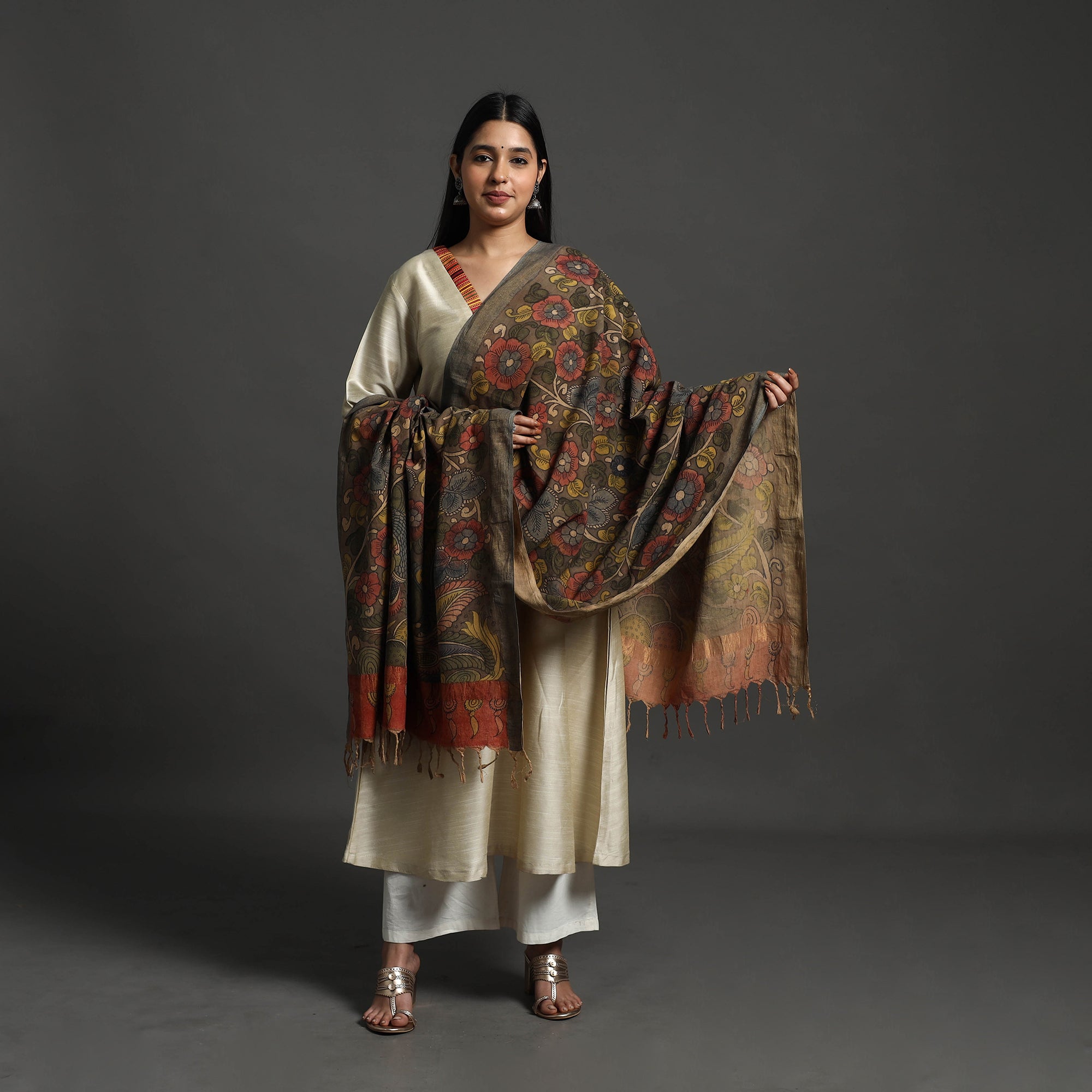 SOUTH KARGHA Brown - Mangalagiri Cotton Handpainted Pen Work Kalamkari Dupatta 29