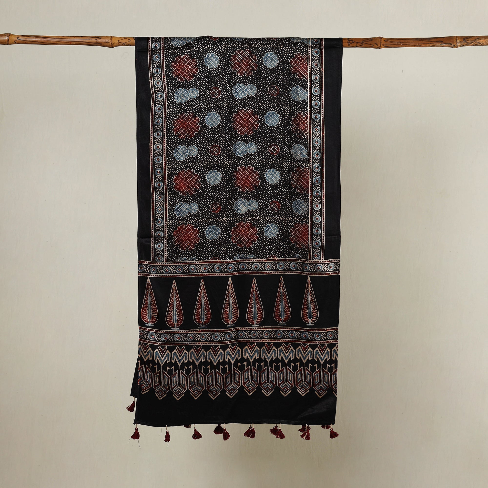 RIYAZ ABDULMAJID KHATRI - AJRAKH Black - Ajrakh Hand Block Printed Mashru Silk Stole with Tassels - view 2