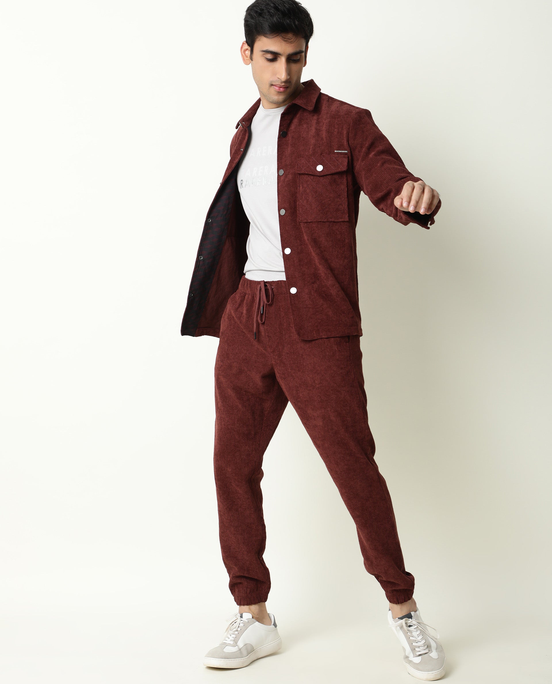 Rare Rabbit Men's Acro Dark Maroon Polyester Fabric Drawstring Corduroy Joggers Trousers - view 4