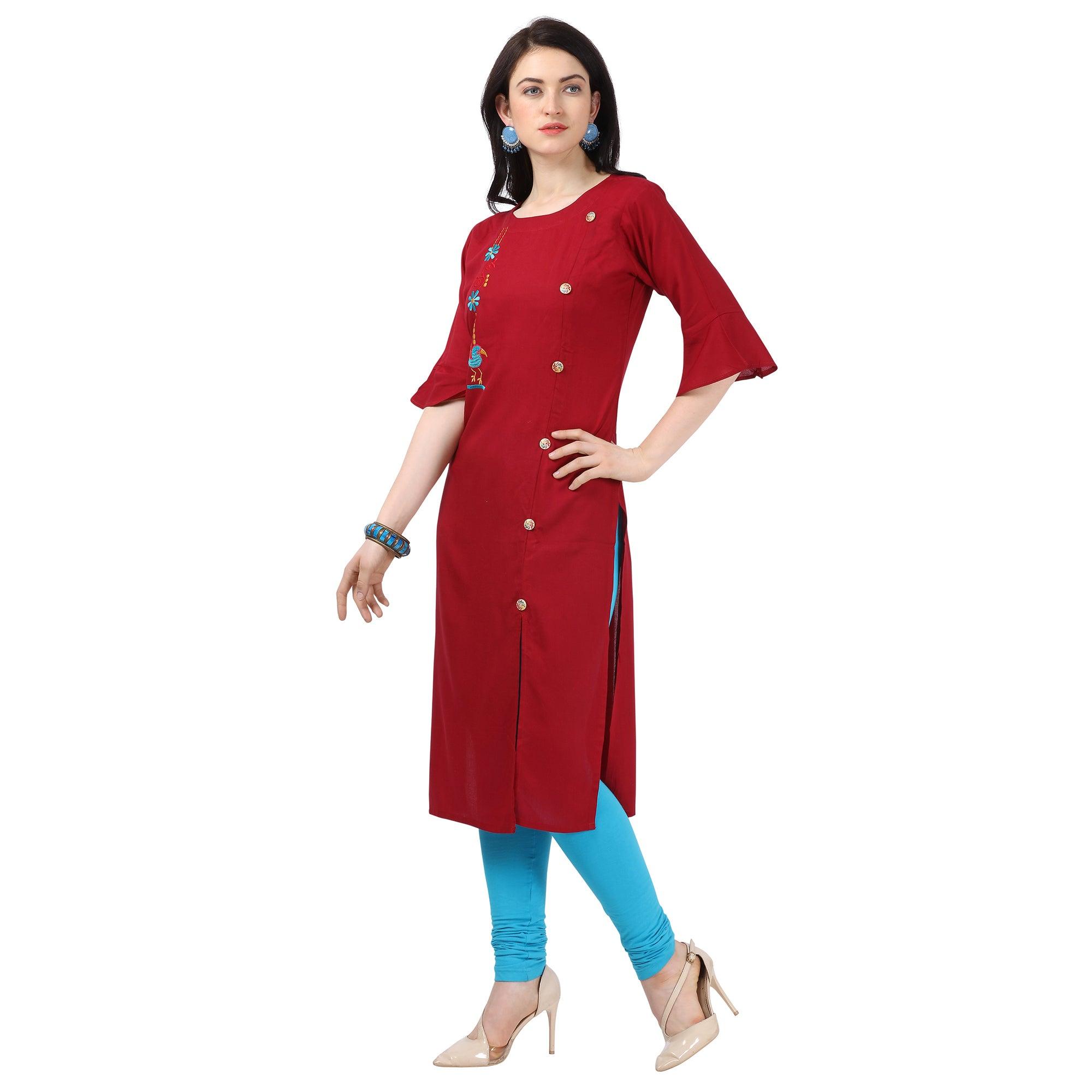 Peachmode Seller Eye-catching Maroon Colored Partywear Embroidered Rayon Kurti - view 3