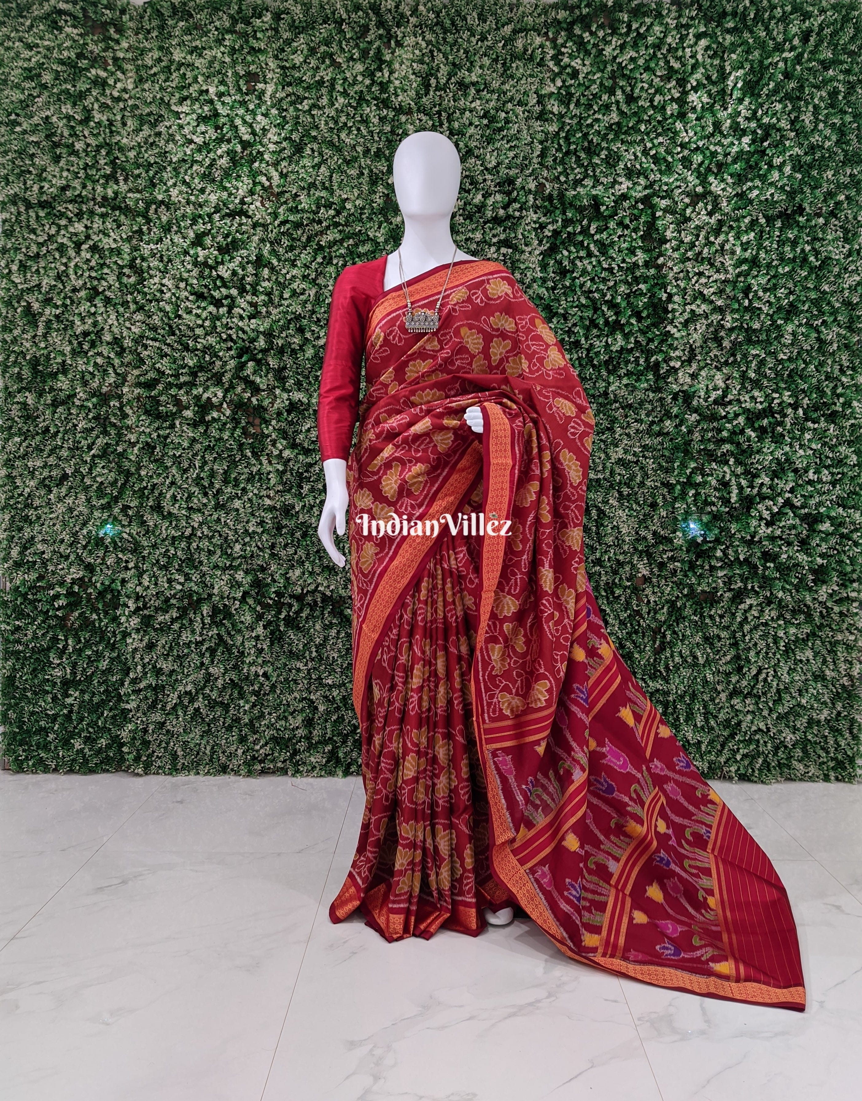 IndianVillèz Brick Red Contemporary Floral Odisha Handloom Silk Saree with Lotus Pallu