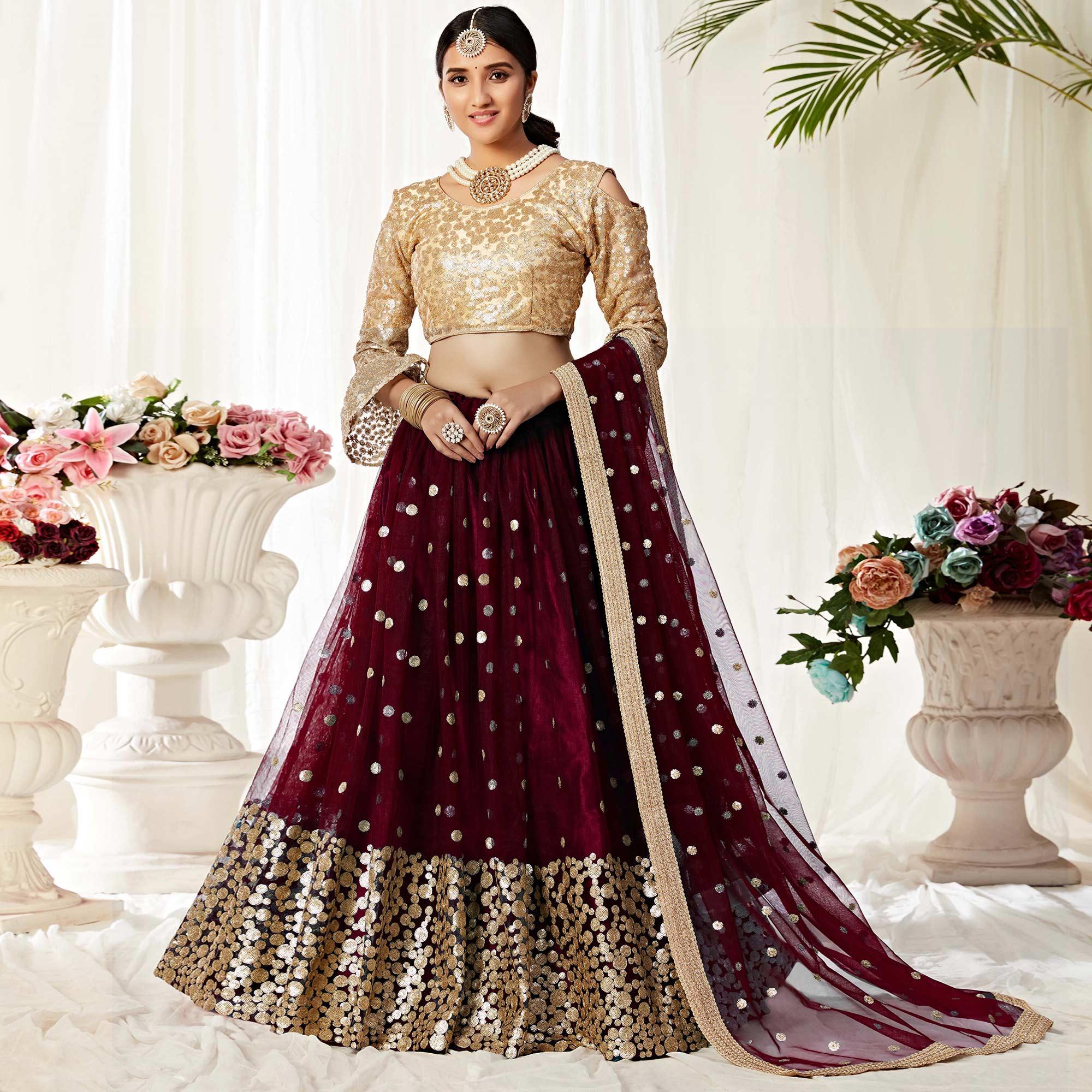 Peachmode Maroon Partywear Sequined Embroidered Net Lehenga Choli