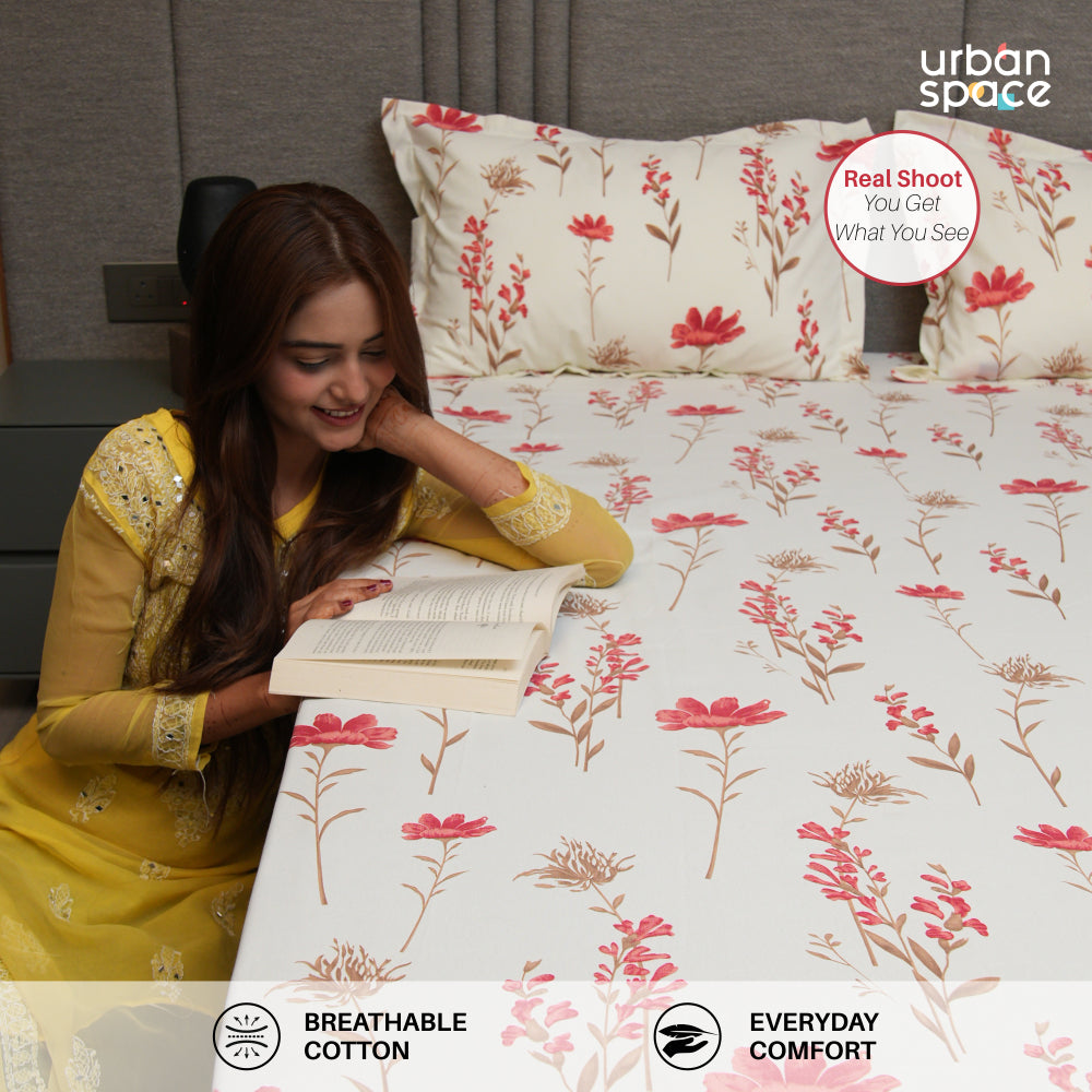 Urban Space -Home Furnishing Store Fitted King Size Cotton Bedsheet - Orchid Blooms - Pink - view 5