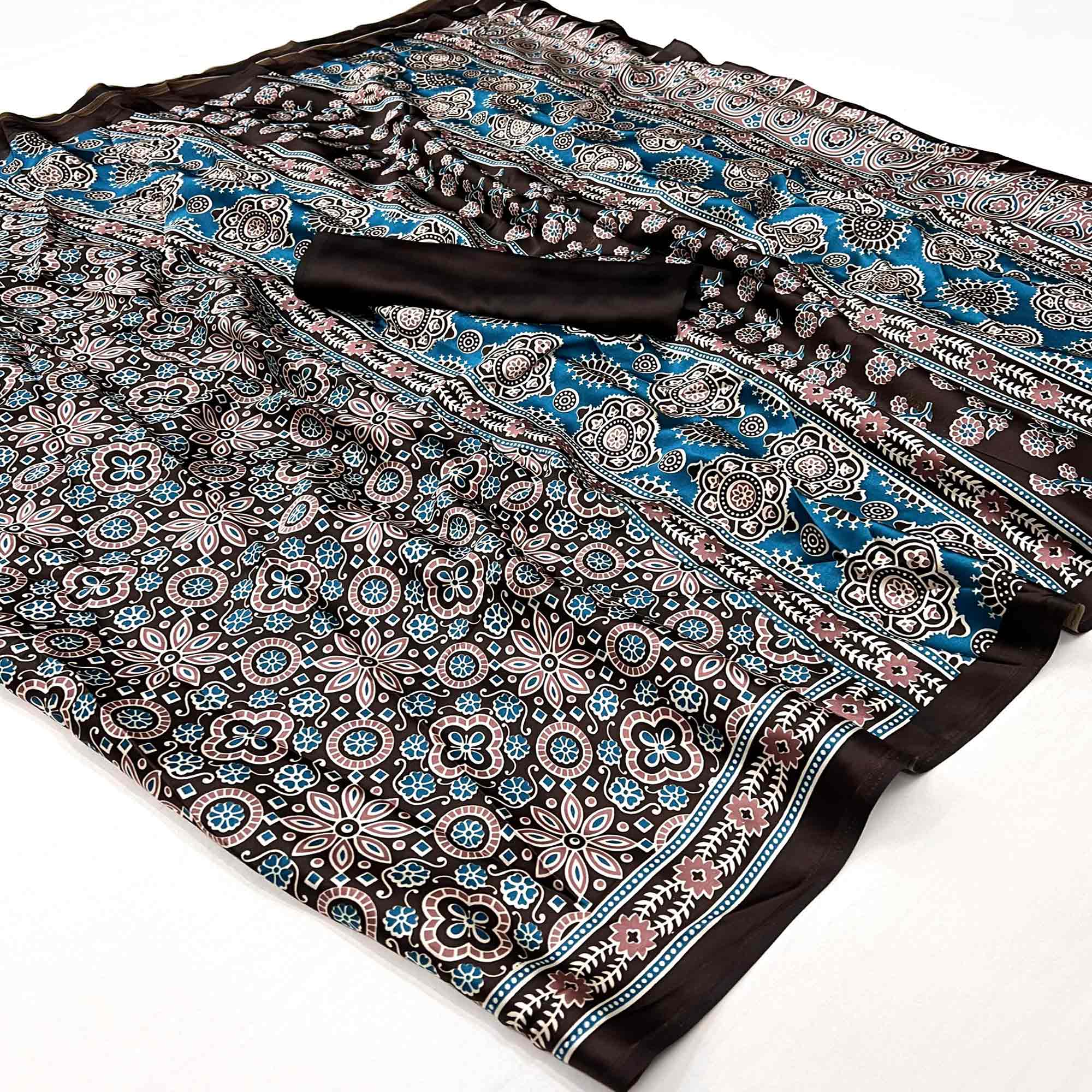 Peachmode Brown Ajrakh Printed Satin Saree – Women's