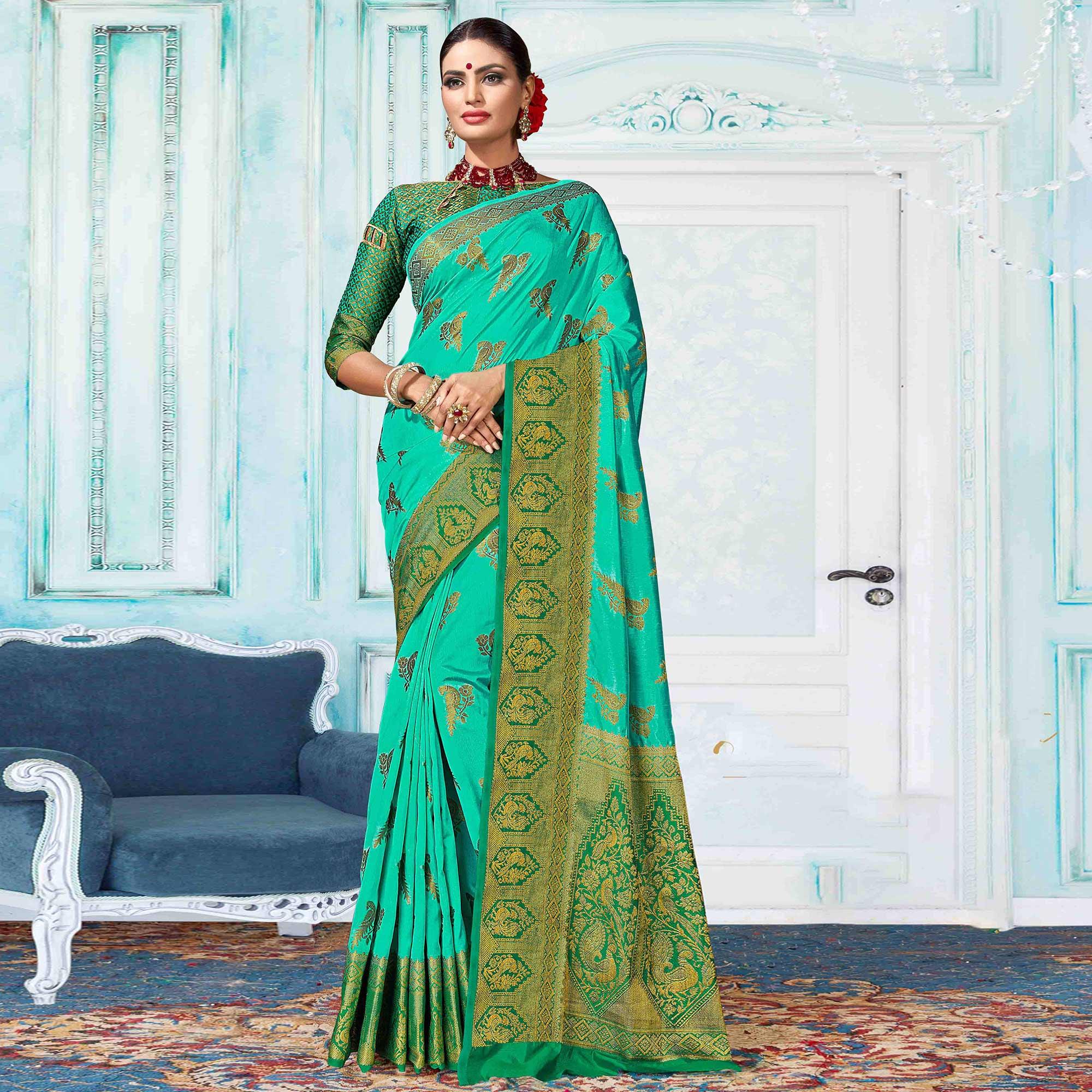 Peachmode Dazzling Turquoise Green Colored Festive Wear Woven Nylon Silk Saree
