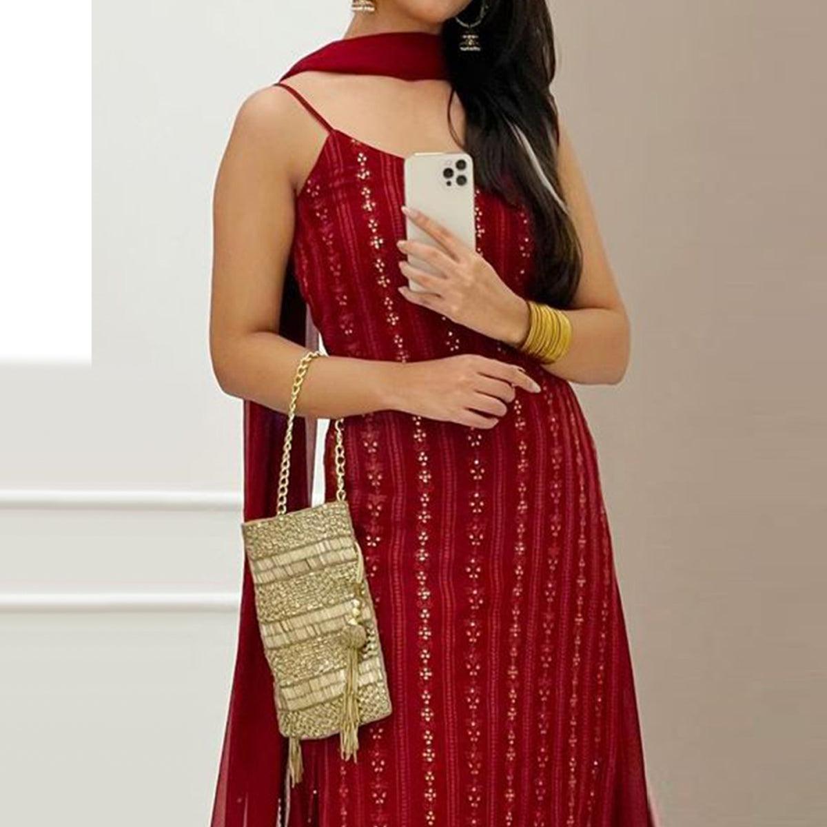 Peachmode Seller Light Maroon Partywear Lakhnavi Sequins Embroidered Georgette Palazzo Suit with Dupatta - view 5