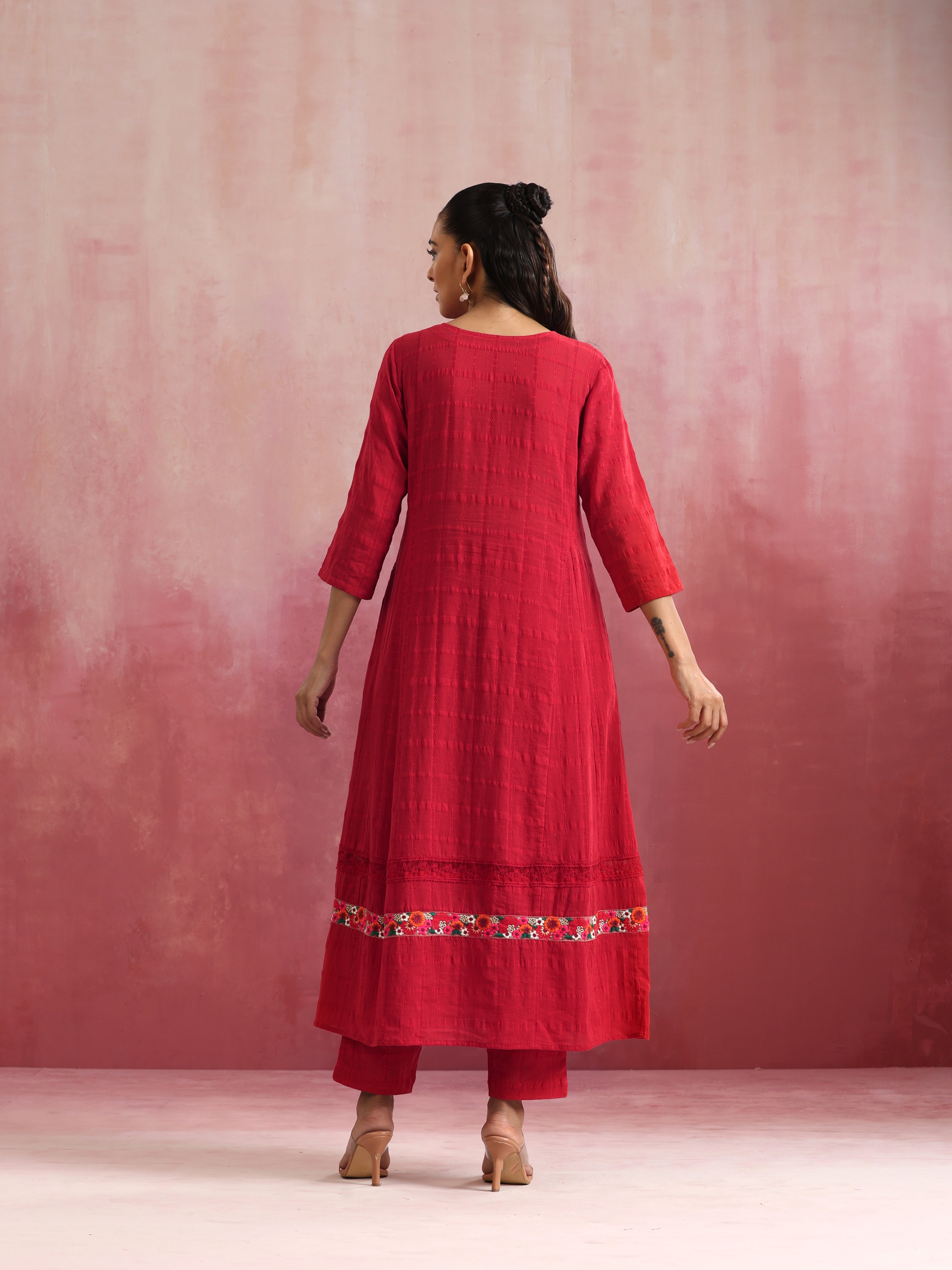 trueBrowns Red Cotton Dobby Flared Kurta Set - view 6