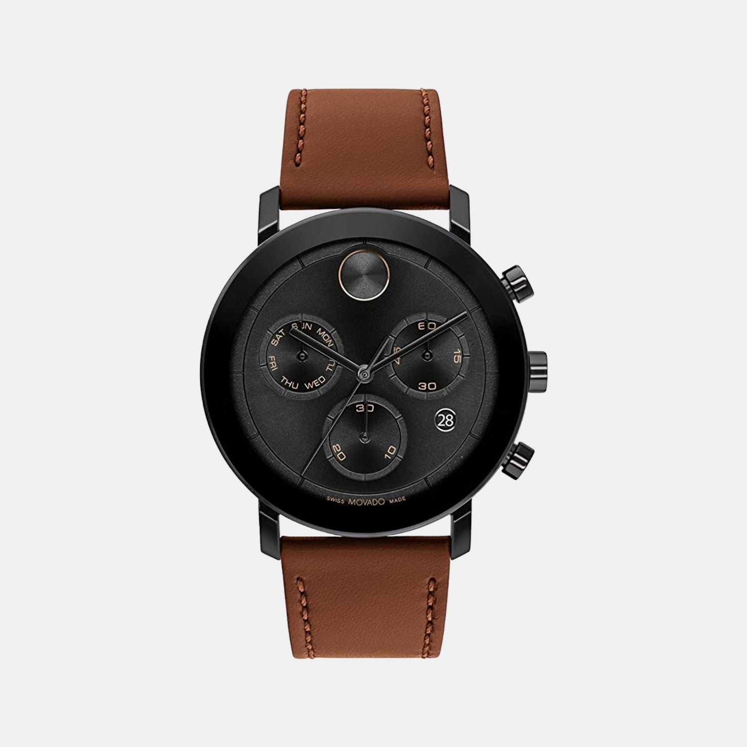 Movado Bold Evolution Men Quartz Black Dial Chronograph Leather Watch 3600884