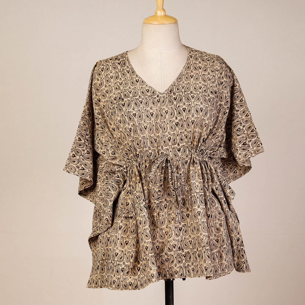 CHUTNEY CRAFT STUDIO Beige - Block Print Cotton Kalamkari Kaftan with Tie-Up Waist (Short)