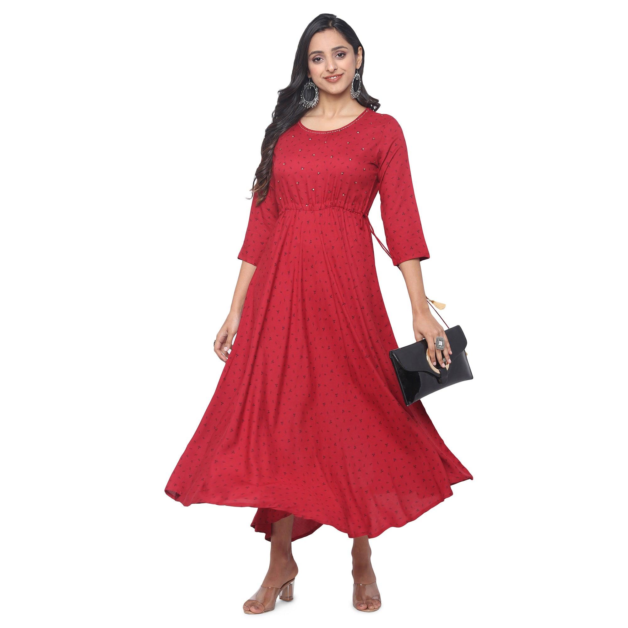 Peachmode Maroon Casual Wear Printed Rayon Long Kurti