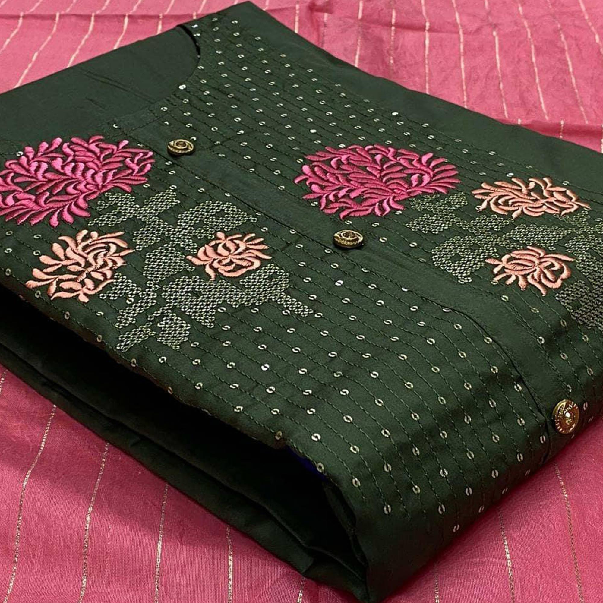 Peachmode Dark Green Embroidered With Embellished Pure Cotton Dress Material
