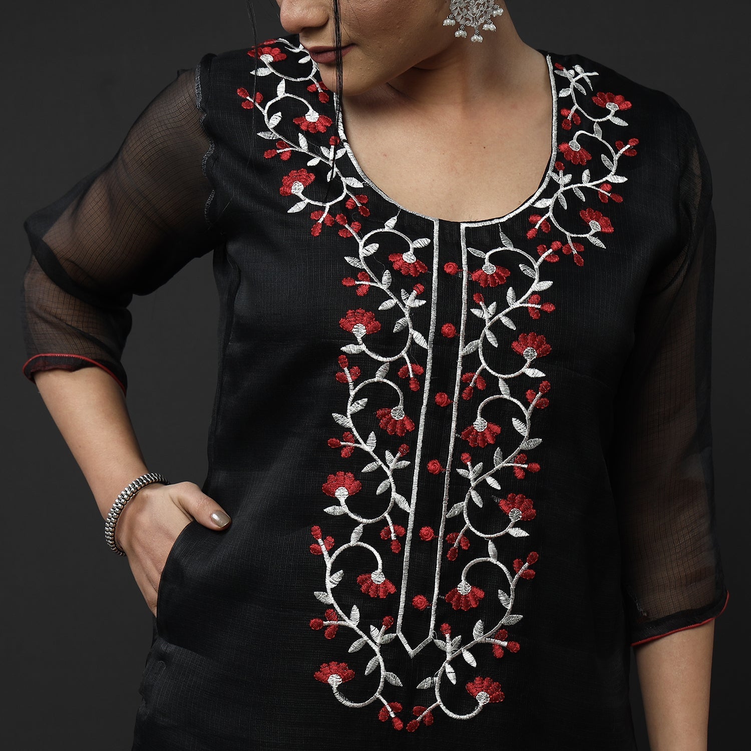 ITOKRI CASUALS Black Kota Doria Embroidery Silk Kurta with Palazzo & Dupatta Set - view 6