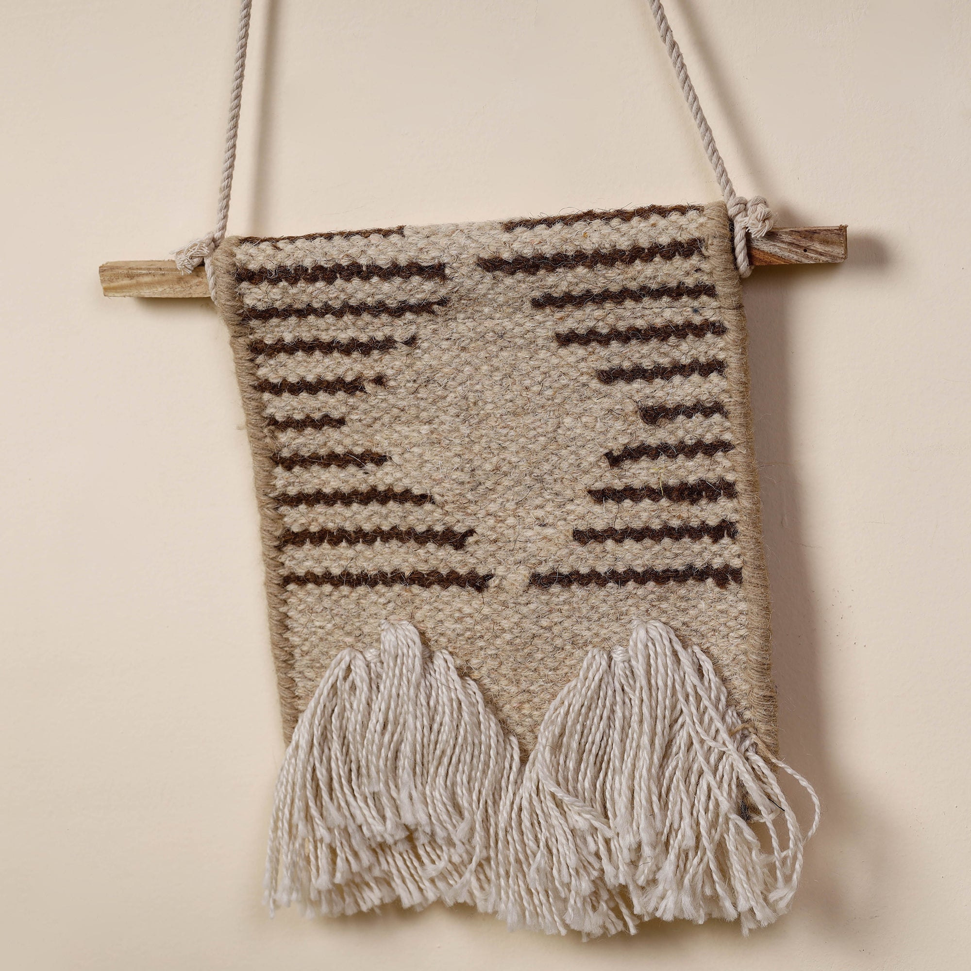 ITOKRI CRAFTS INITIATIVE Bhadohi Handwoven Wool Geometric Fringed Wall Hanging - view 2