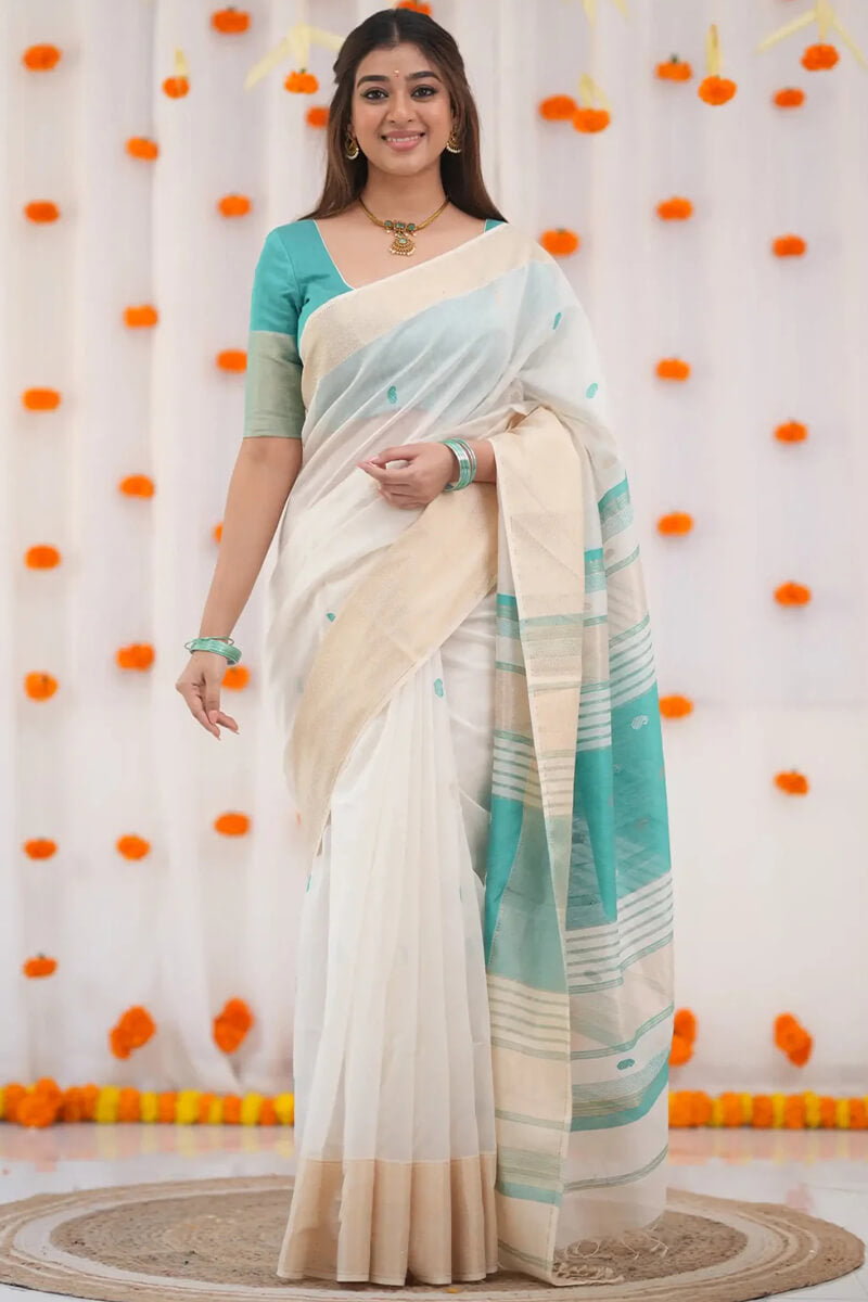 Aayna Embellished Beige Cotton Silk Saree With Ravishing Blouse Piece