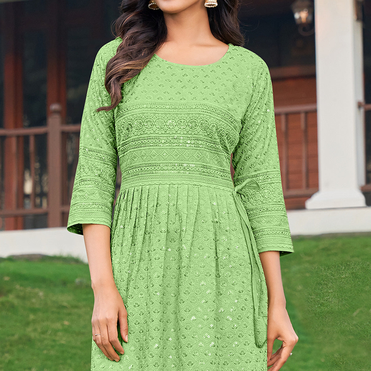 Peachmode Seller Mint Green Sequins Embroidered Rayon Naira Cut Kurti - view 2