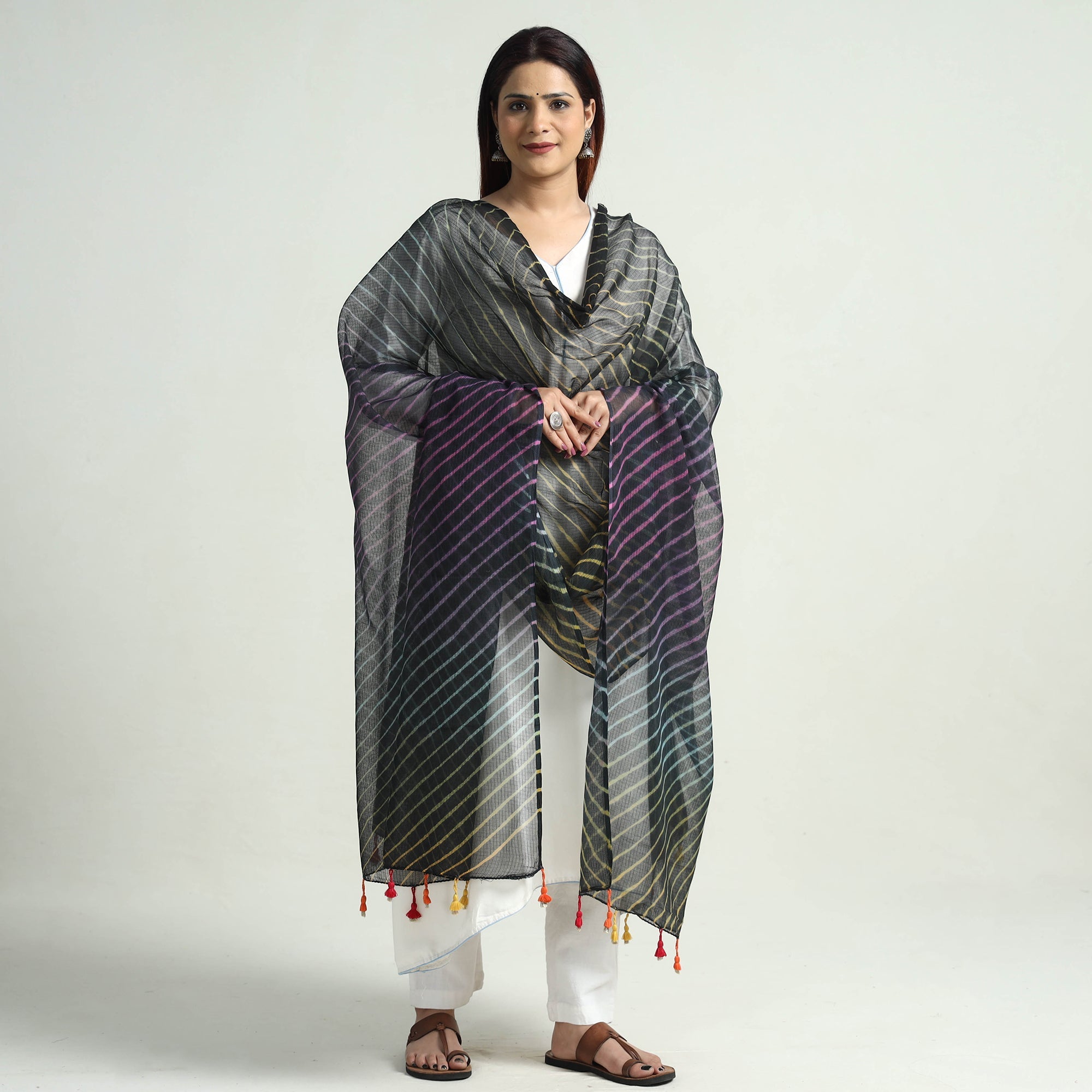 LEHARIYA BY BADSHAH MIYAN Black - Leheriya Tie-Dye Kota Doria Cotton Dupatta with Tassels 62 - view 2