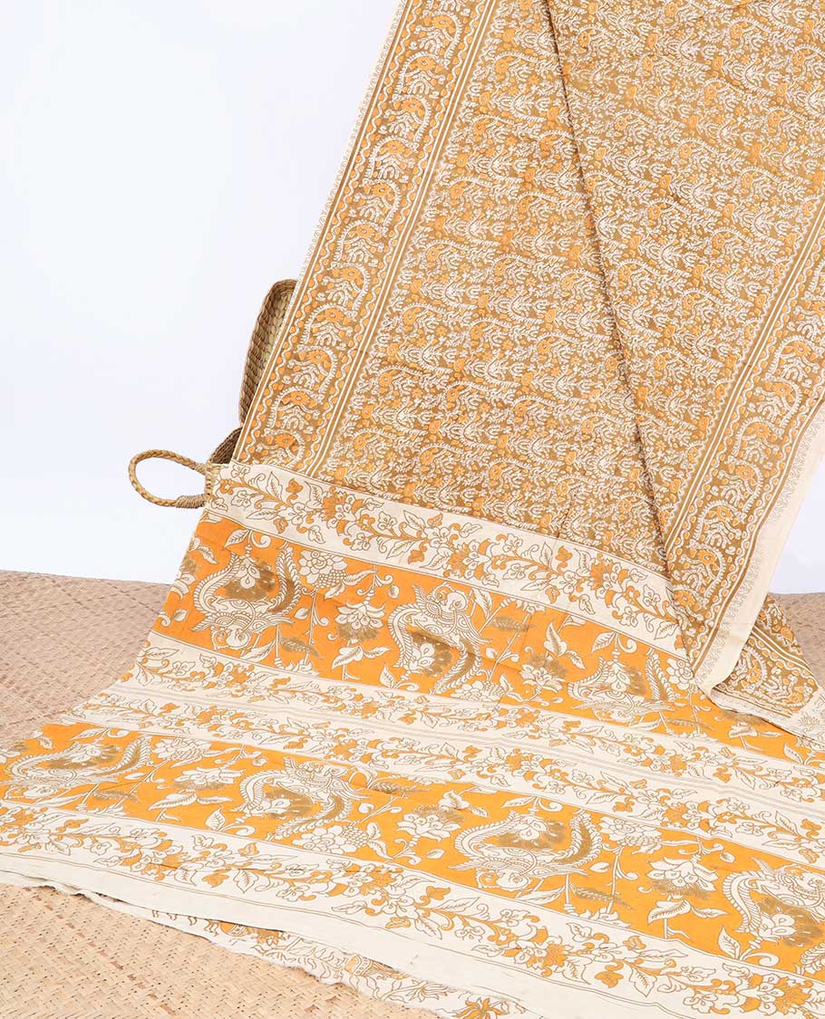 Pothys Orange intricately machine-printed kalamkari cotton saree, self-border & contrast pallu of floral print