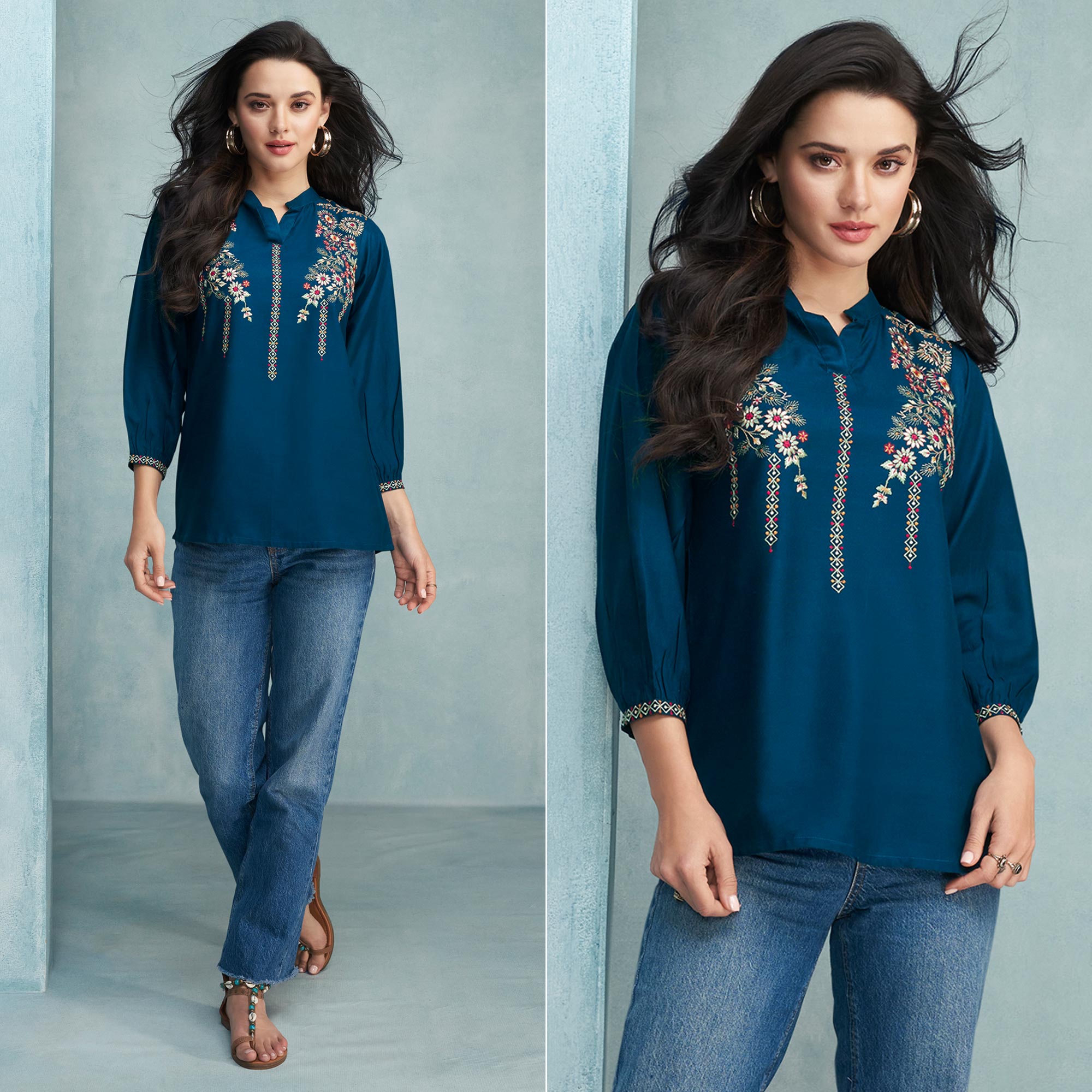 Peachmode Morpich Floral Embroidered Rayon Top
