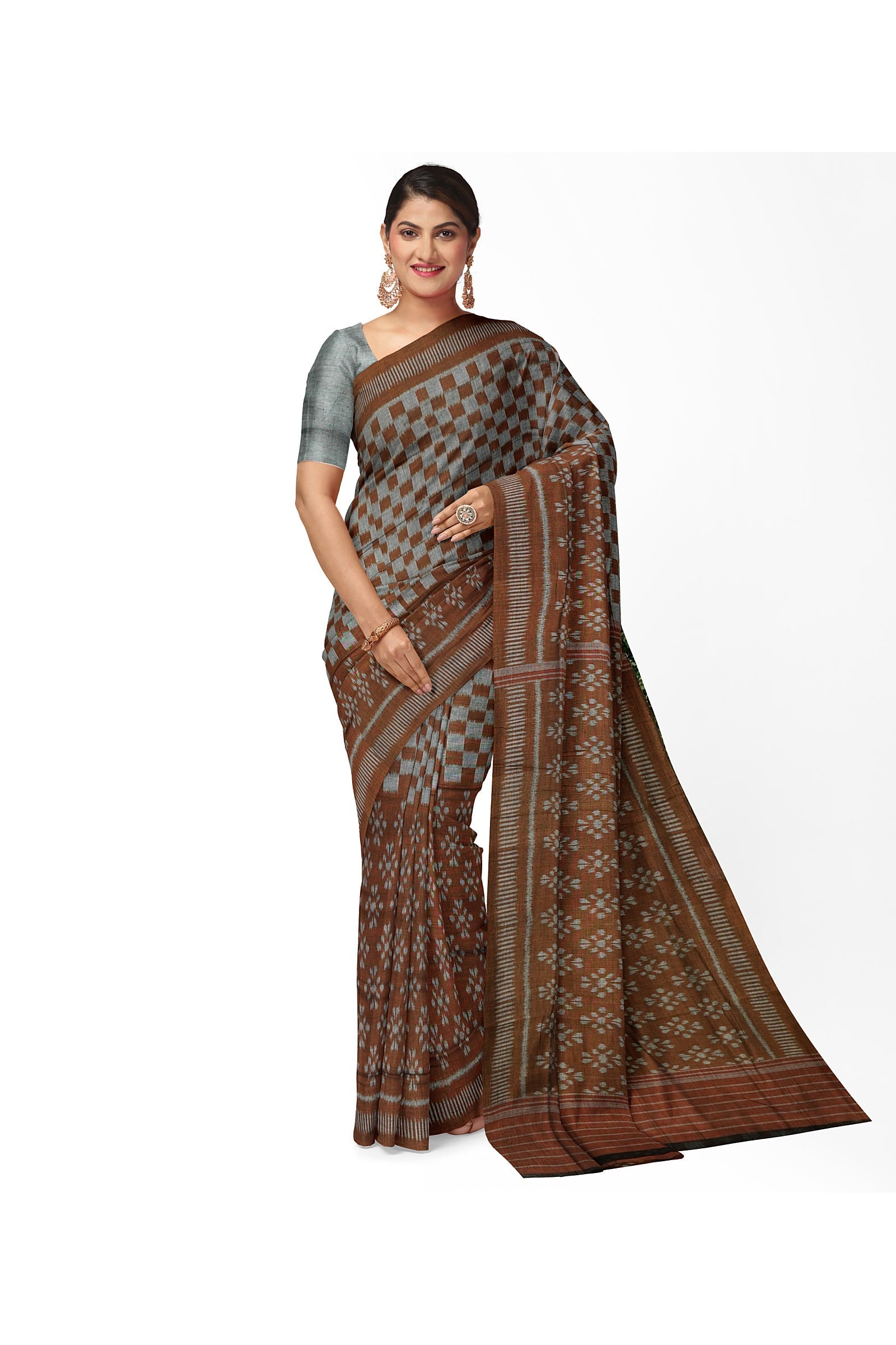 IndianVillèz Cupper Grey Maniabandha Flower Motif Cotton Saree