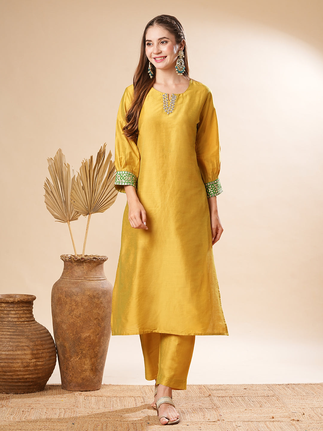 Fashor Solid Two-Toned Mirror, Zari & Applique Embroidered Kurta with Pants Set - Yellow - view 3