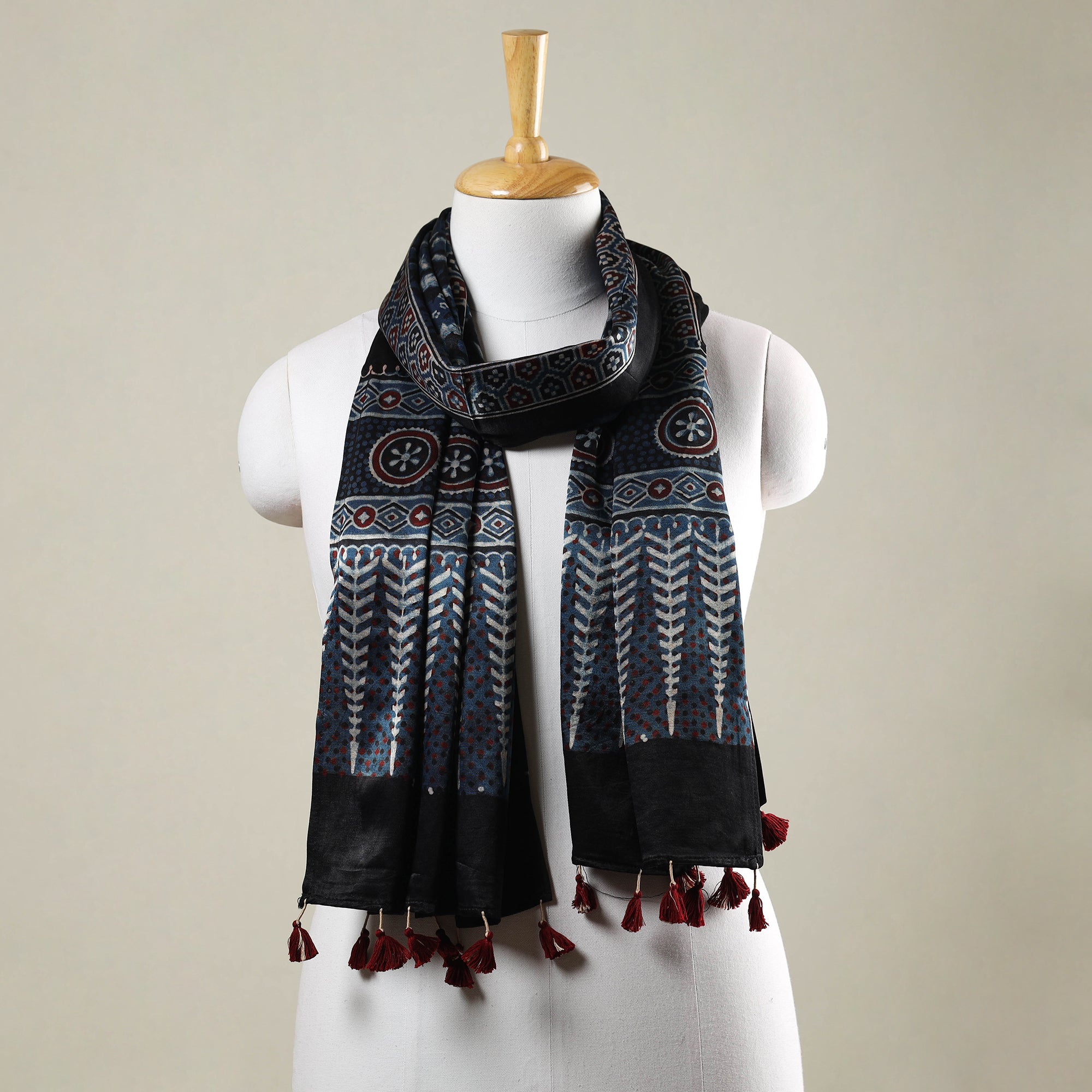 RIYAZ ABDULMAJID KHATRI - AJRAKH Blue - Ajrakh Hand Block Printed Mashru Silk Stole with Tassels
