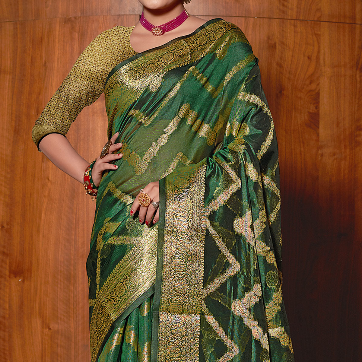 Peachmode Bottle Green Woven Organza Saree – Women's - view 3