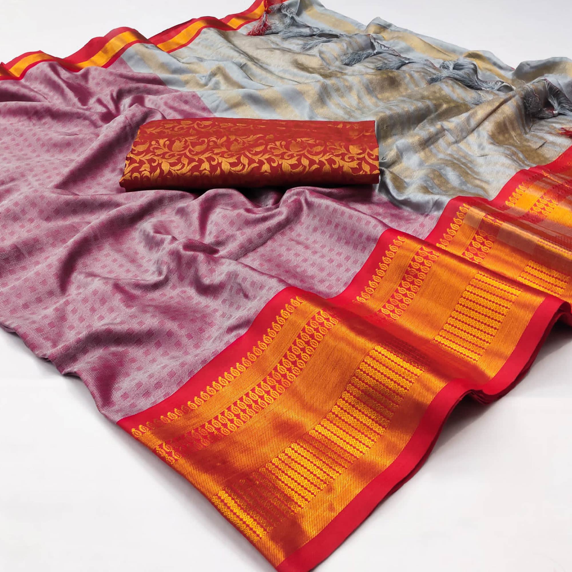 Peachmode Grey Woven Cotton Silk Saree With Tassels