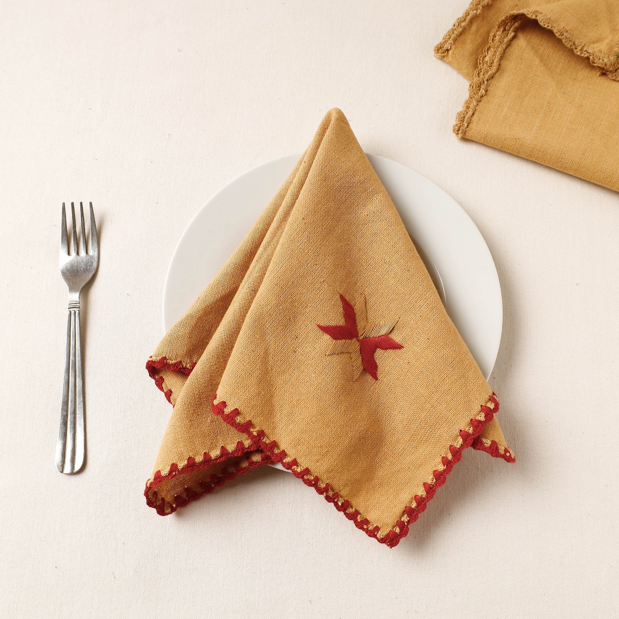PATIALA HANDICRAFTS Brown - Phulkari Embroidery Reversible Plain Handloom Cotton Napkin (14 x 14 in)