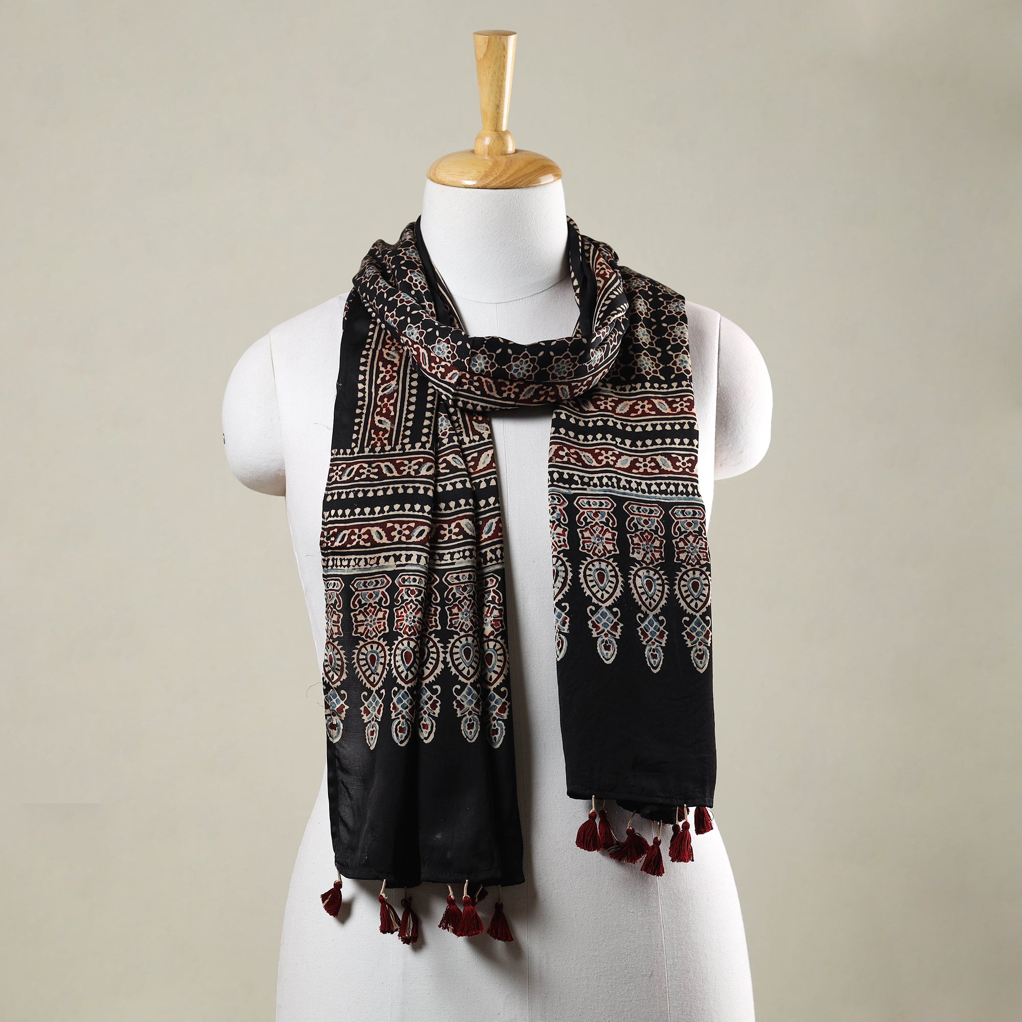 RIYAZ ABDULMAJID KHATRI - AJRAKH Black - Ajrakh Hand Block Printed Modal Silk Stole with Tassels
