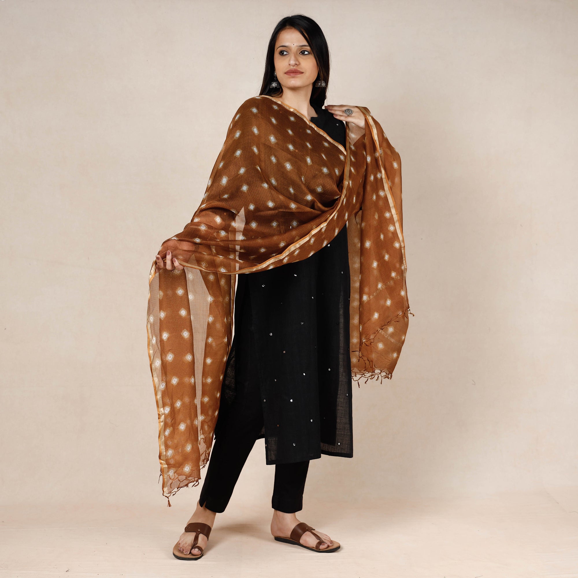 LEHARIYA BY BADSHAH MIYAN Brown - Bandhani Tie-Dye Kota Doria Silk Dupatta with Tassels - view 2