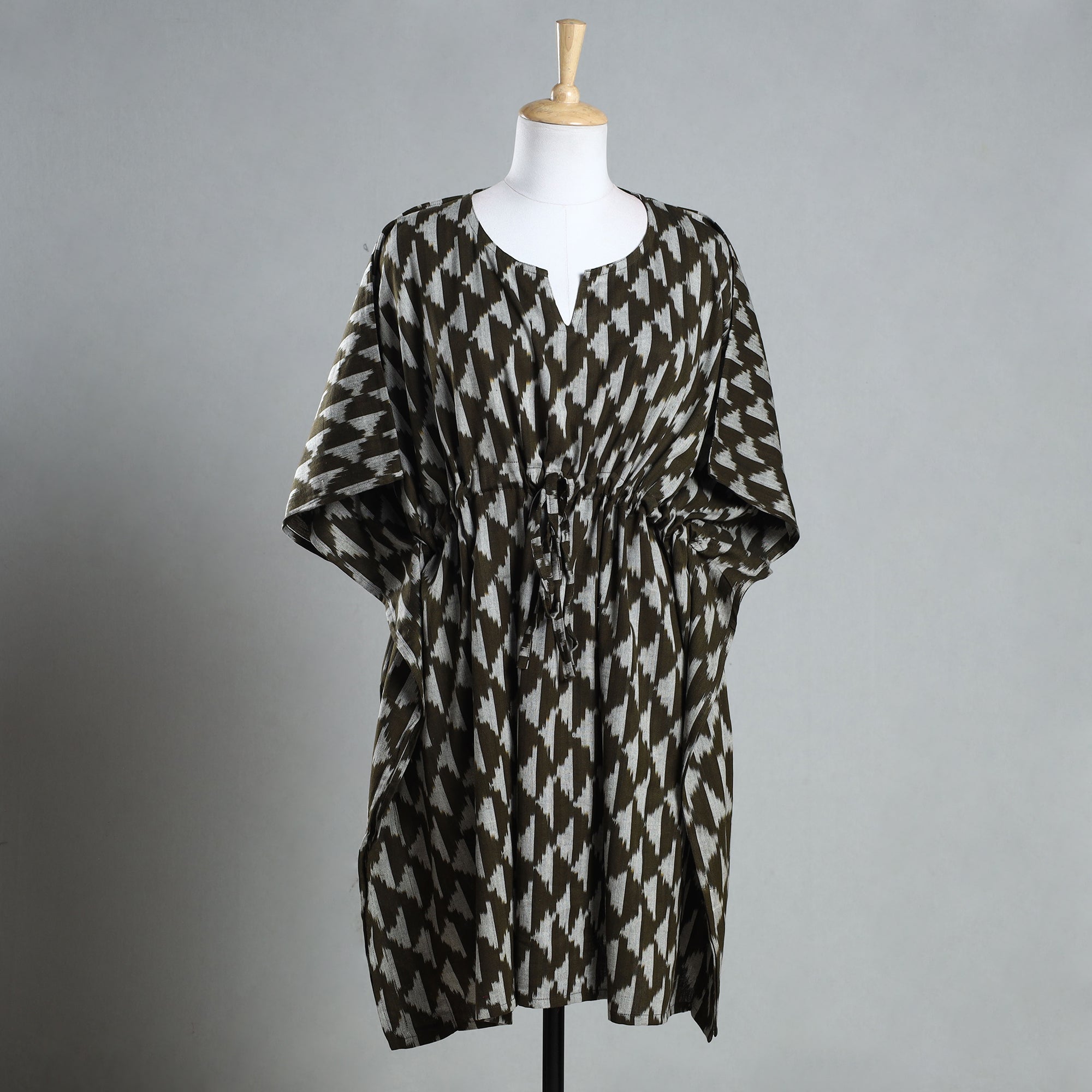 CHUTNEY CRAFT STUDIO Brown - Ikat Weave Cotton Kaftan with Tie-Up Waist (Medium)