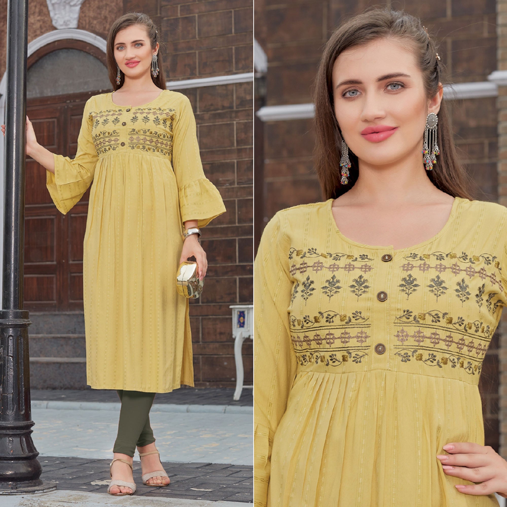 Peachmode Seller Mehendi Green Floral Embroidered Rayon Naira Cut Kurti