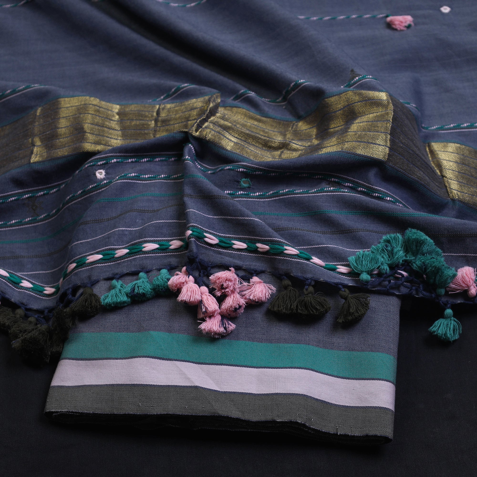KACHCHH JI CHHAAP Blue - 3pc Bhujodi Mirror Work Handloom Cotton Suit Material Set 10 - view 2
