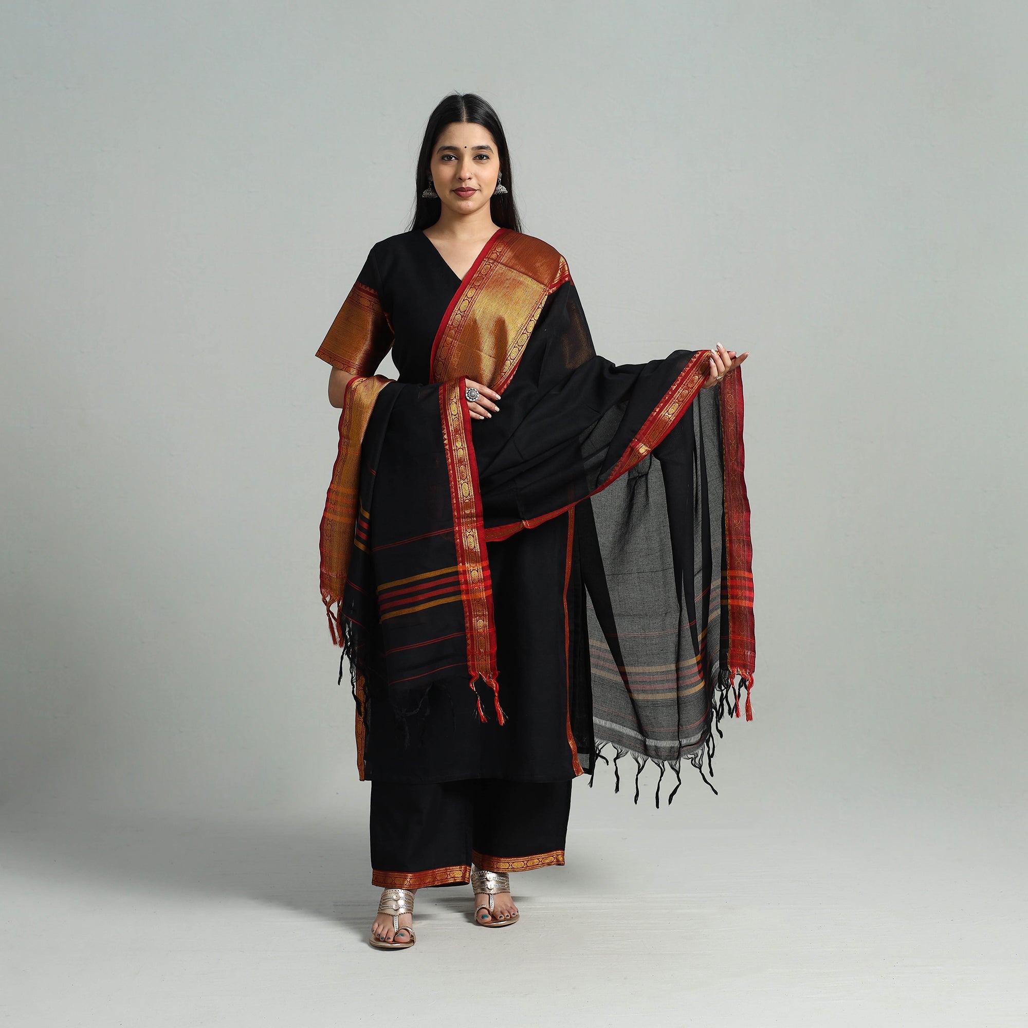 ITOKRI CASUALS Black - Cotton Dharwad Kurta Set with Palazzo & Dupatta 23