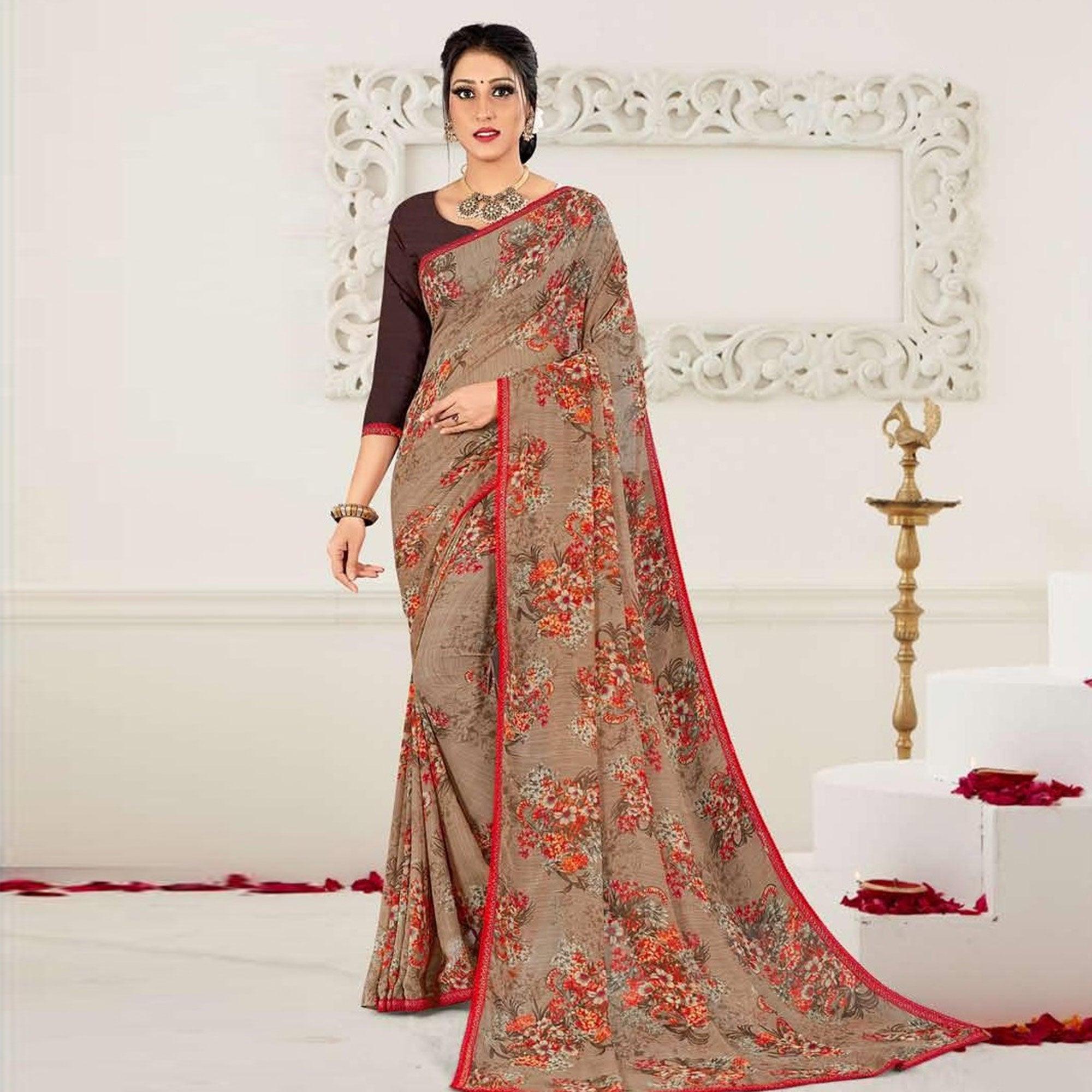 Peachmode Coffee Casual Wear Floral Printed Georgette Saree