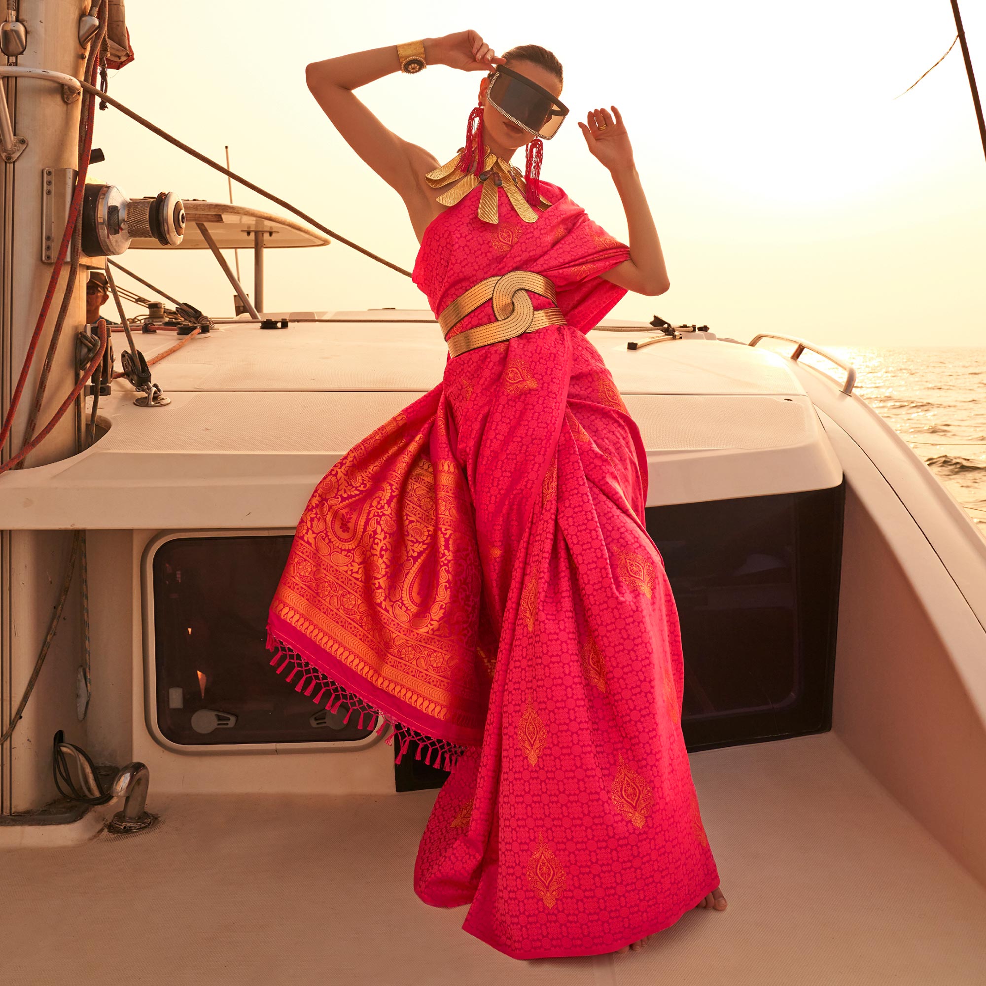 Peachmode Dark Pink Woven Satin Two Tone Saree