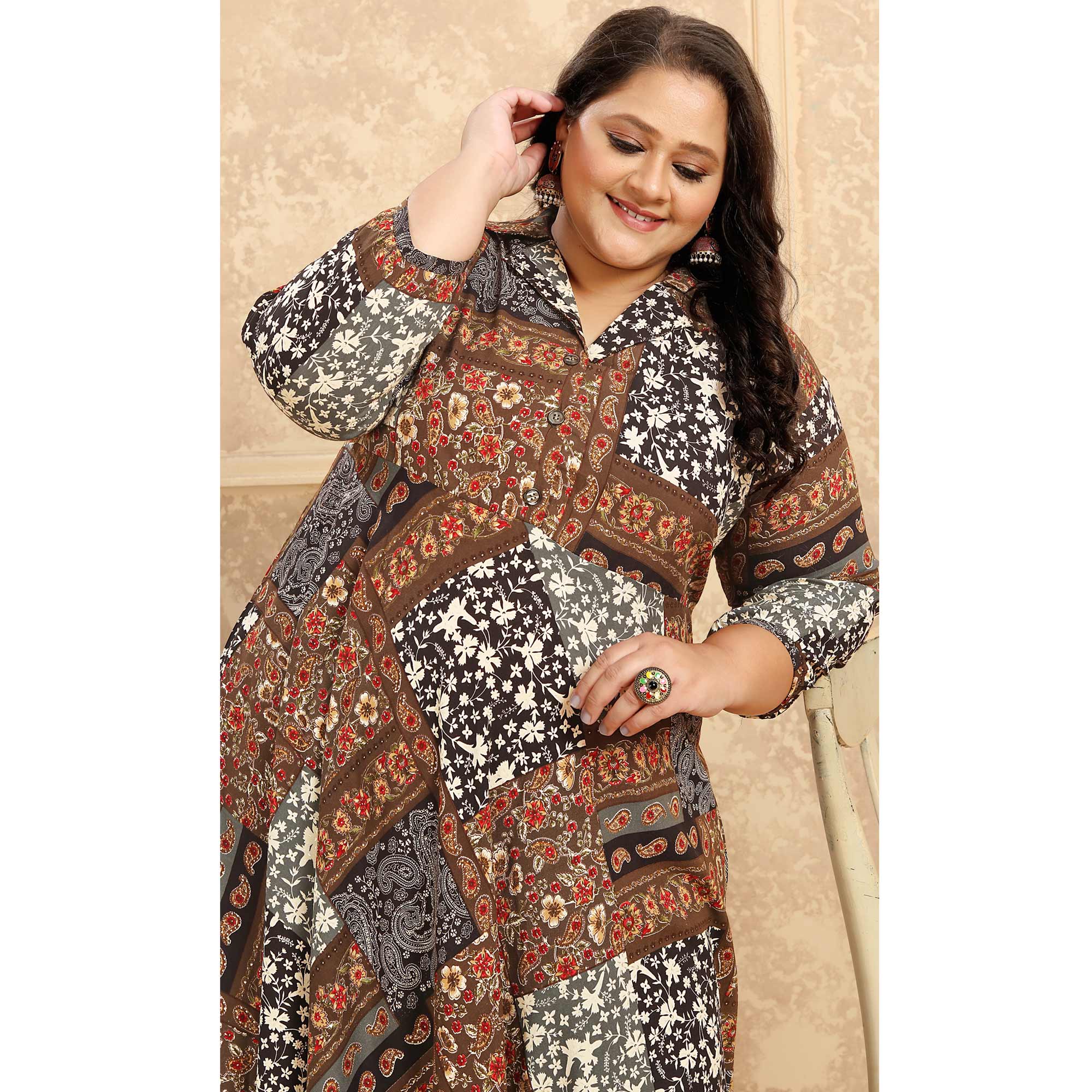 Peachmode Seller Brown Floral Printed Rayon Long Kurti - view 5