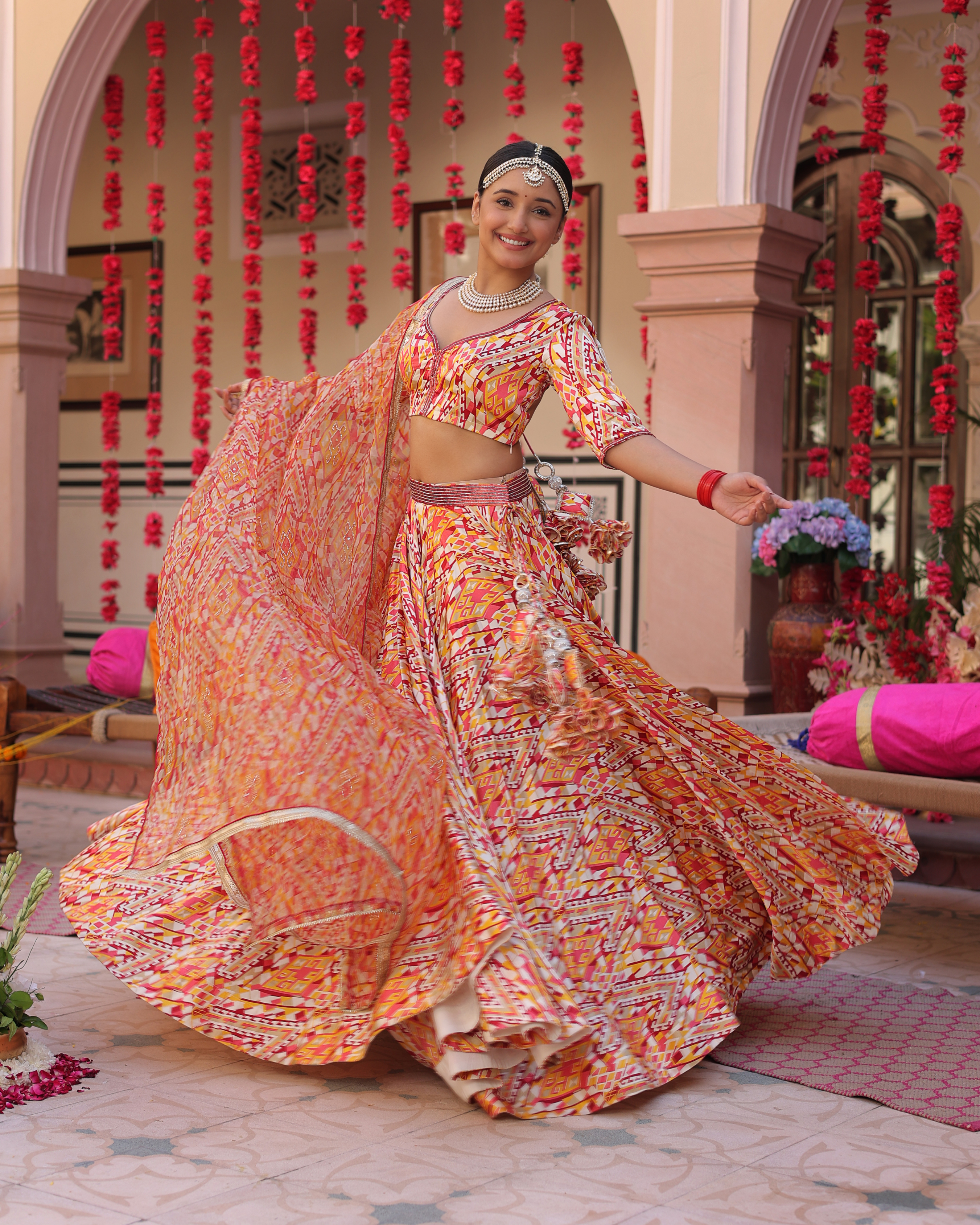 Aachho Creamy Crimson Blaze Printed Satin Lehenga Set