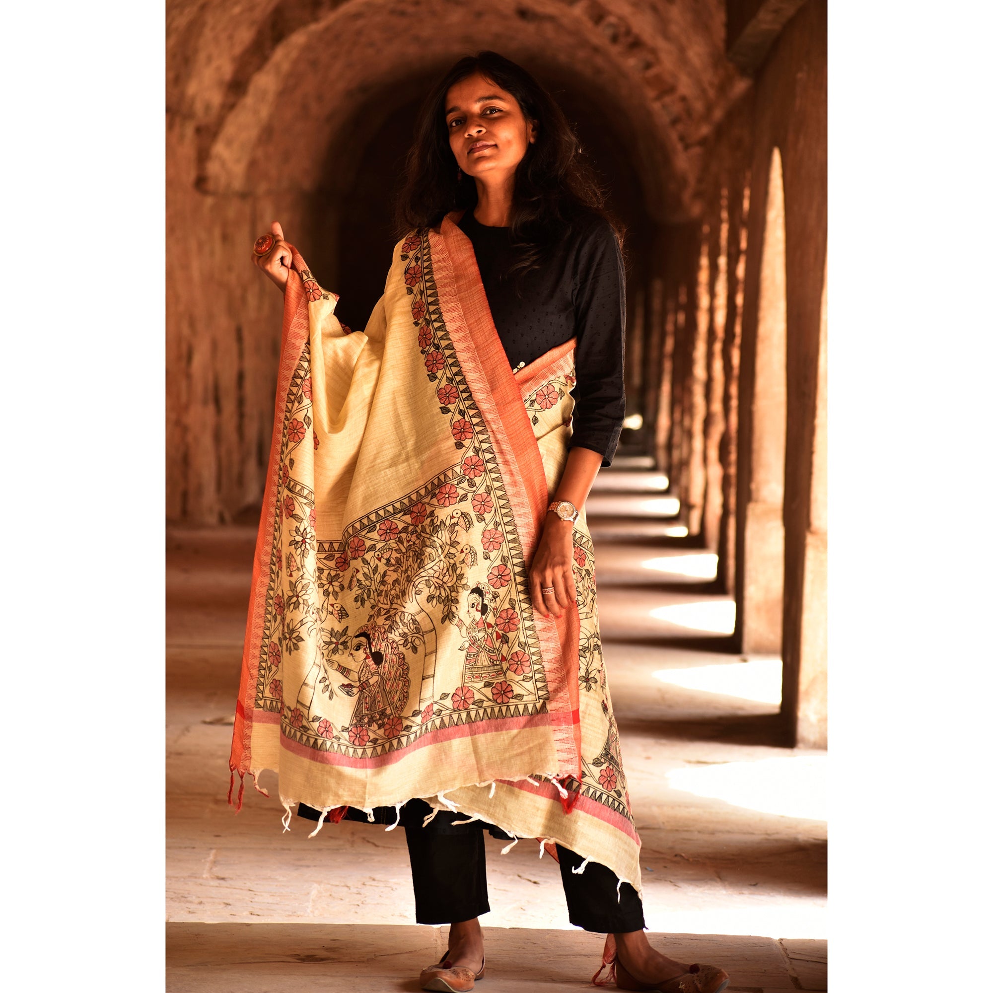DIORAMA DESIGNS Beige - Madhubani Handpainted Black-Red Cotton Dupatta - view 2