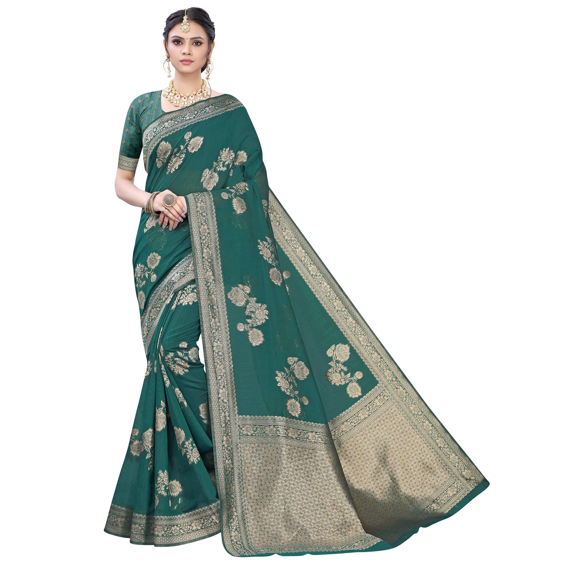 Peachmode Innovative Green Colored Festive Wear Woven Banarasi Cotton Saree